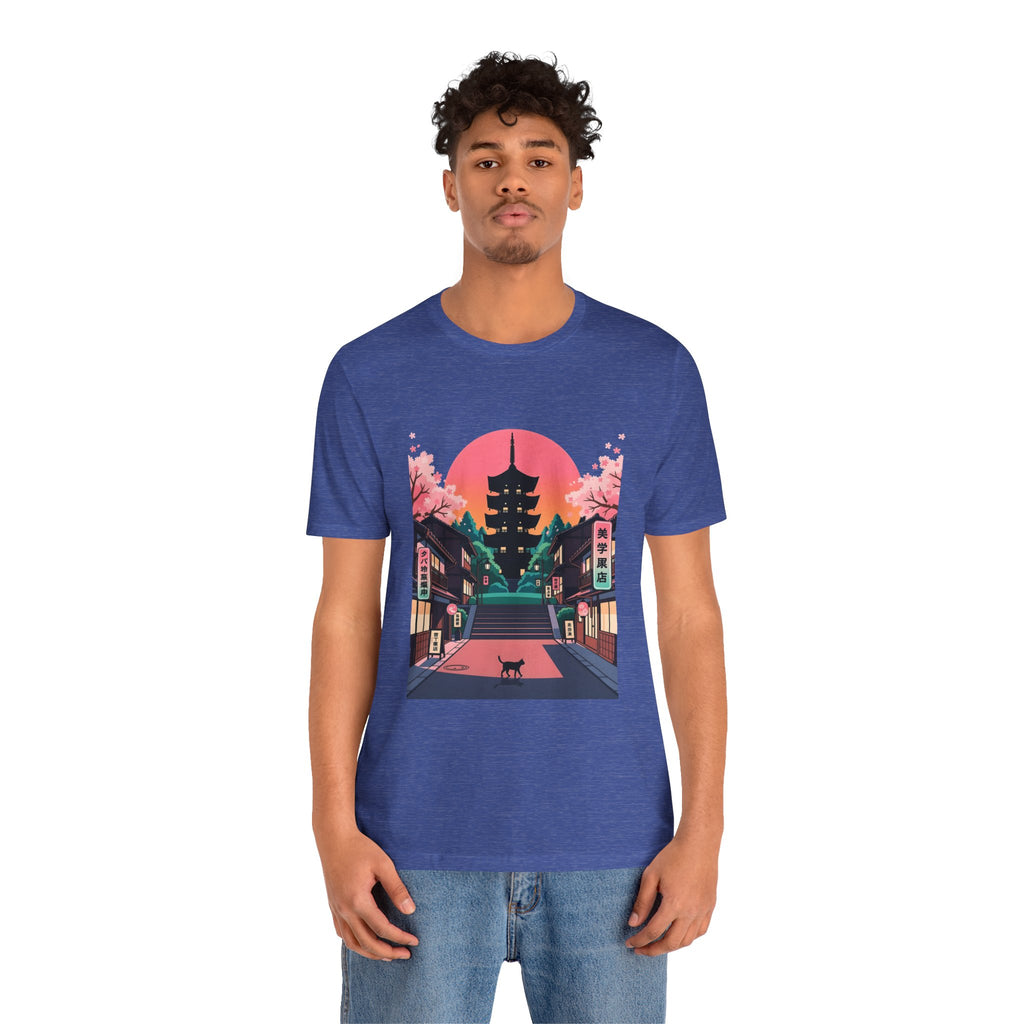 Japanese Pagoda Sunset Tee — Sakura Street Cat Graphic T-Shirt
