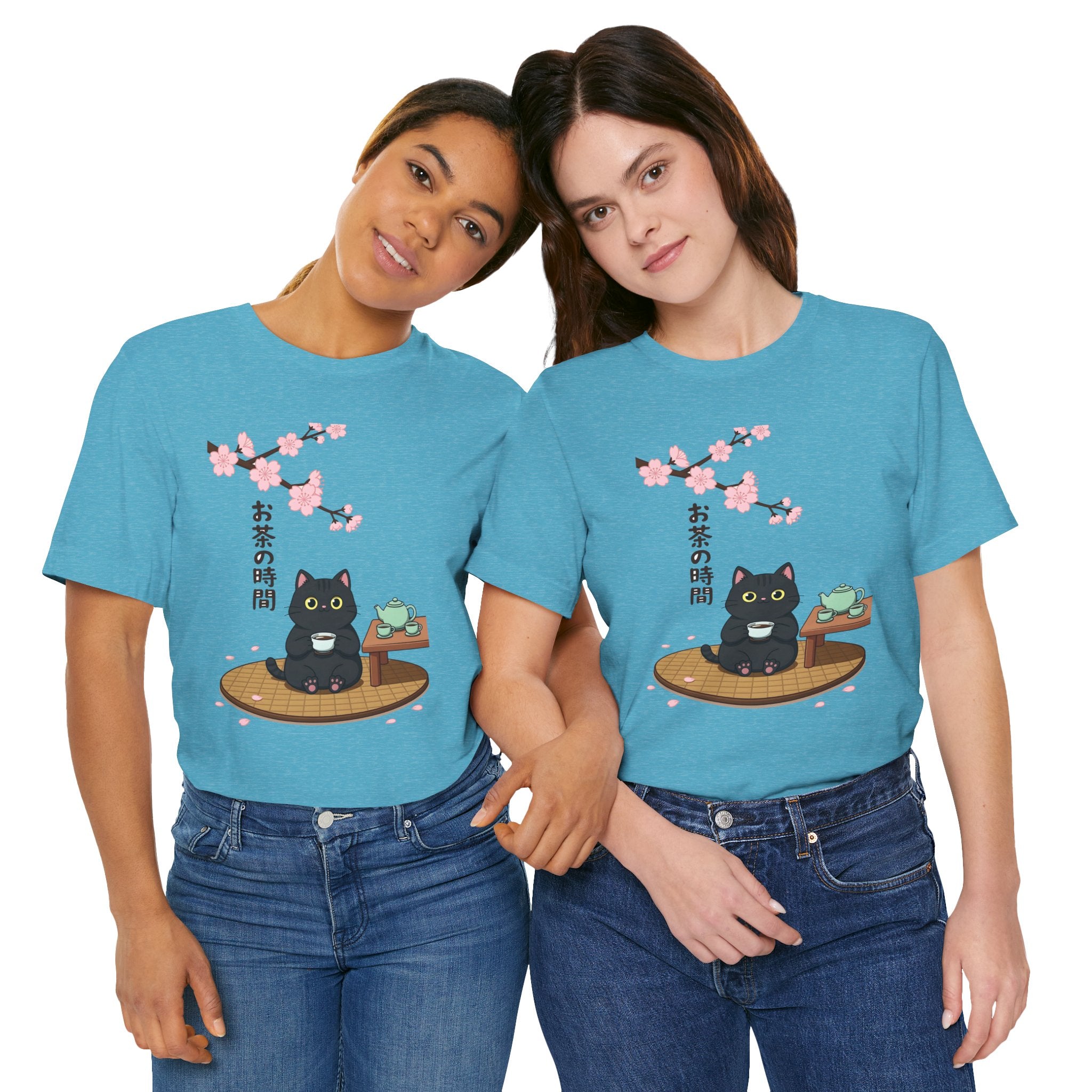 Cat Tea Time T-Shirt — Kawaii Black Cat with Sakura and Teapot
