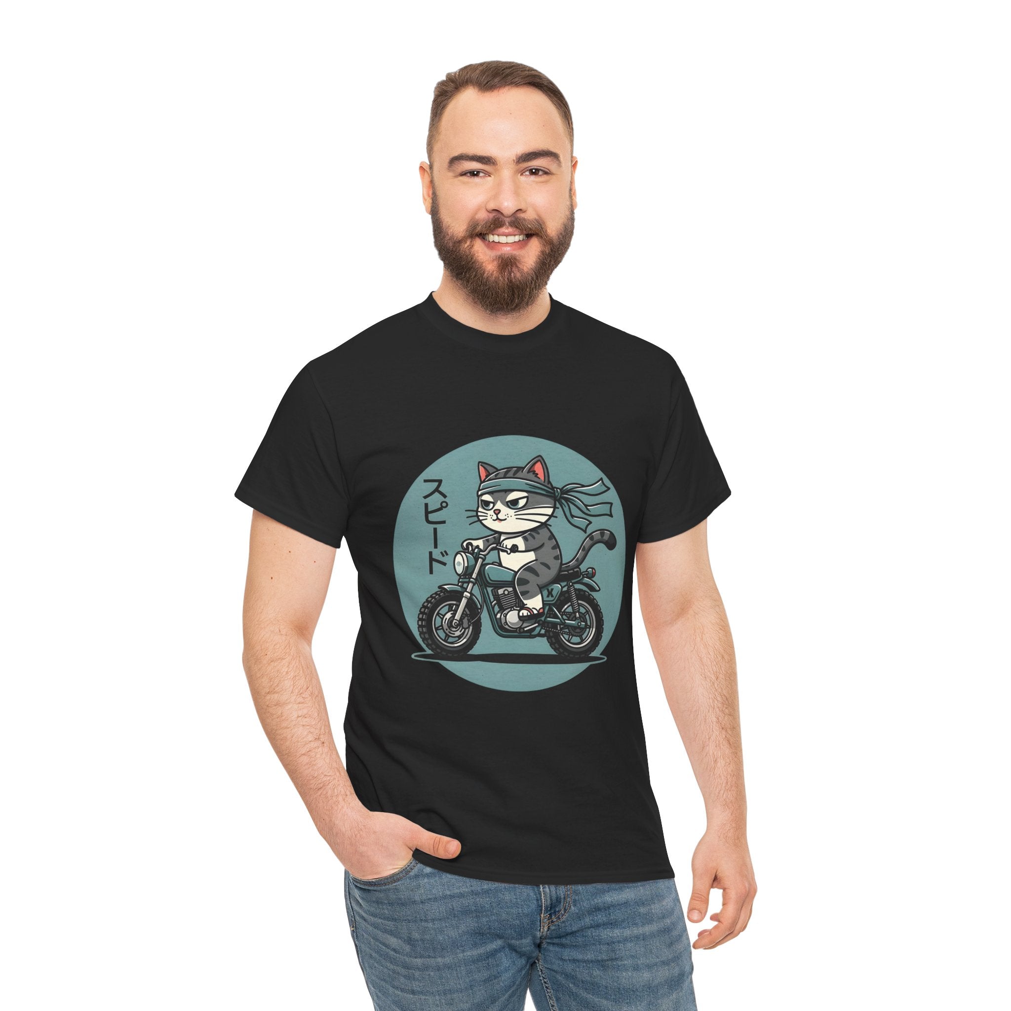 Cat Biker T‑Shirt — Retro Motorcycle Cat with Japanese “Speed” Text