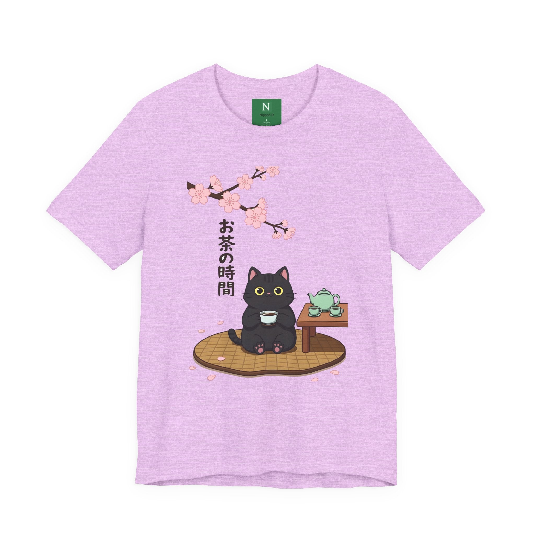 Cat Tea Time T-Shirt — Kawaii Black Cat with Sakura and Teapot