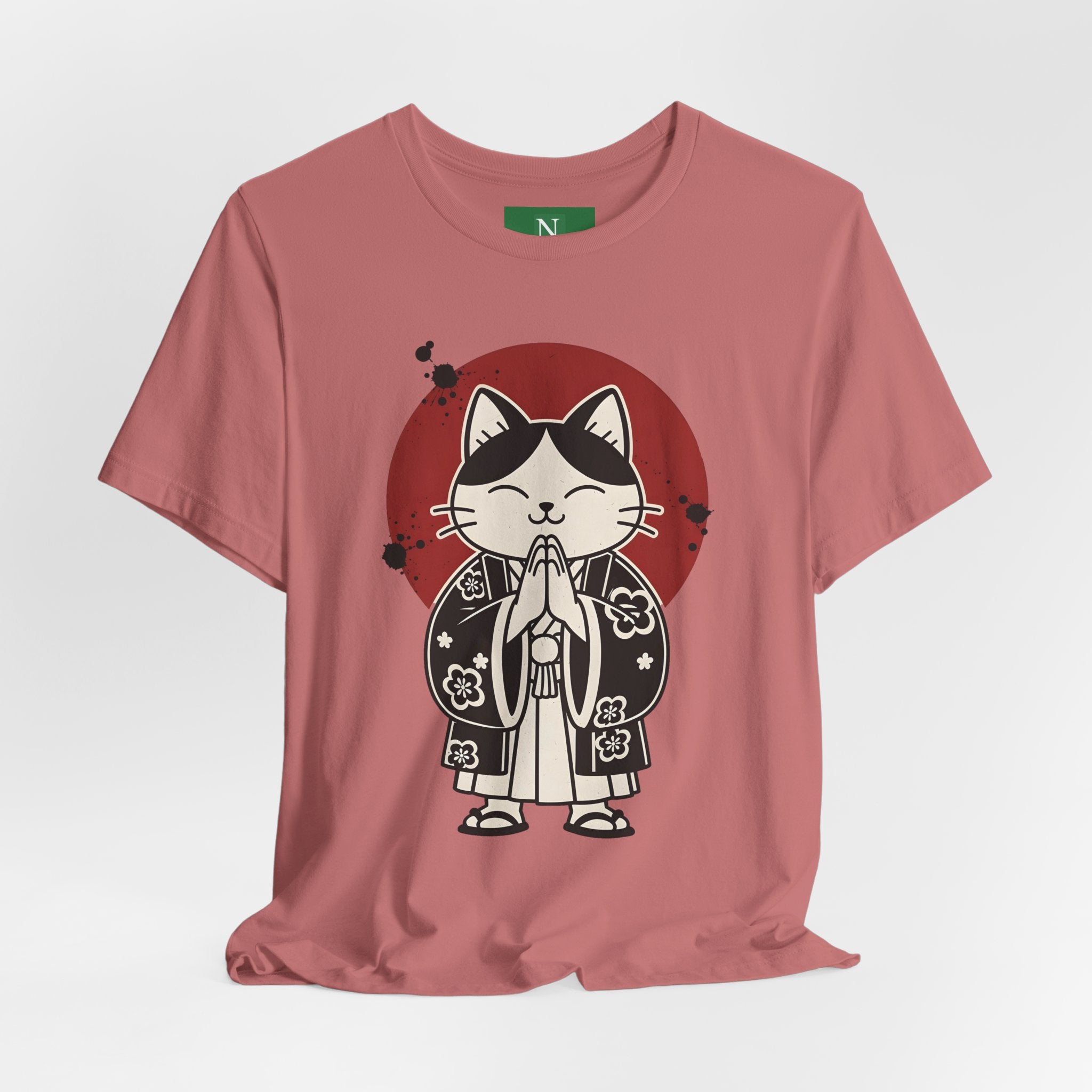 Samurai Cat T‑Shirt — Cute Praying Cat with Red Sun Graphic