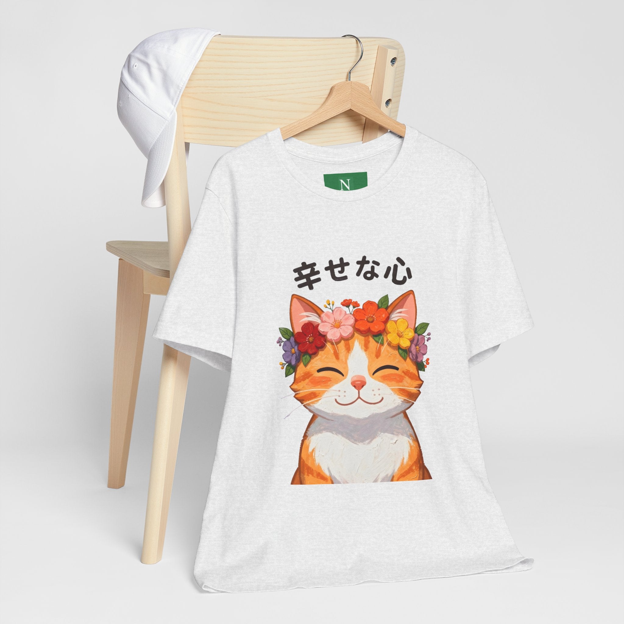 Happy Cat T-Shirt — Smiling Ginger Cat with Flower Crown (Japanese “幸せな心”)