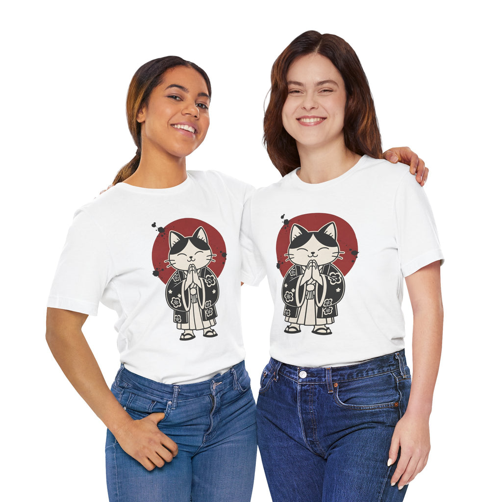 Samurai Cat T‑Shirt — Cute Praying Cat with Red Sun Graphic
