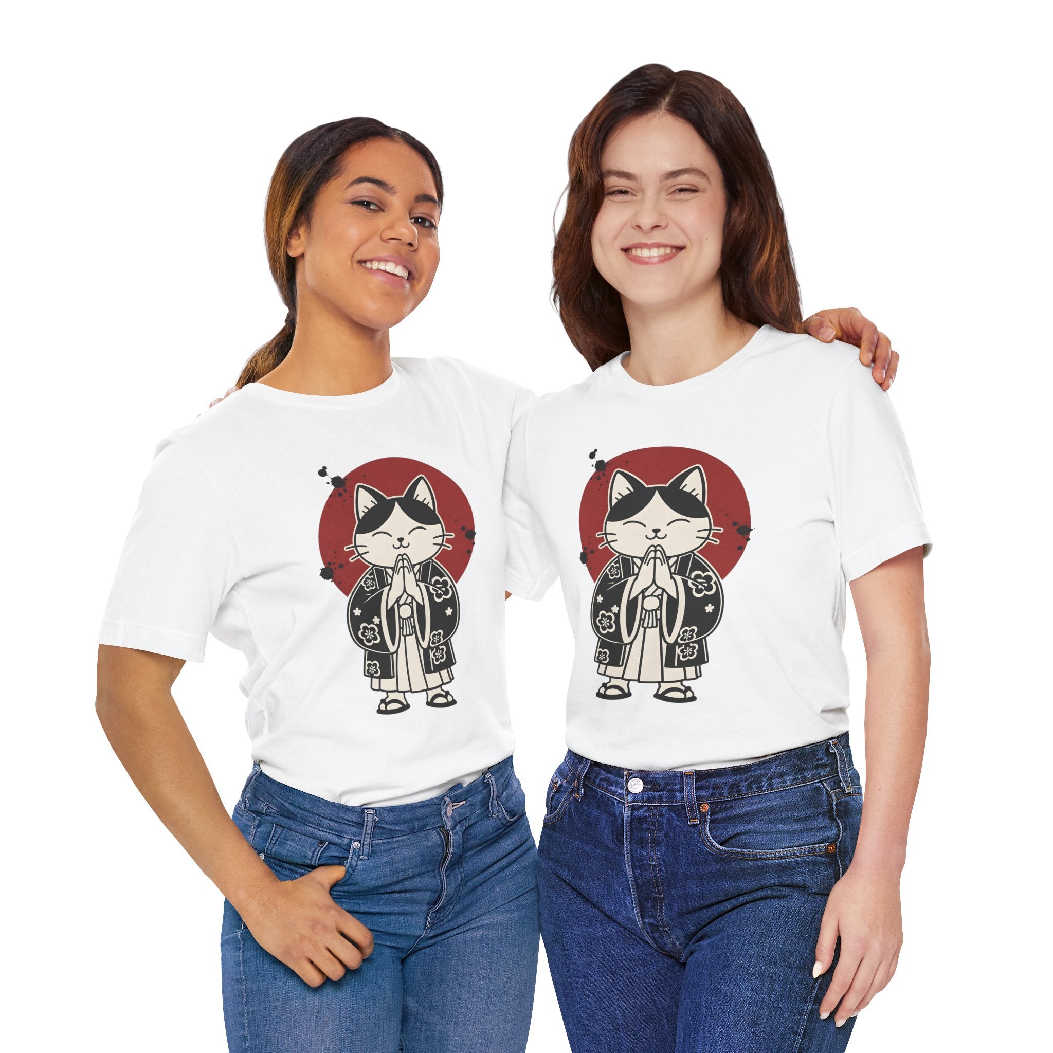 Samurai Cat T‑Shirt — Cute Praying Cat with Red Sun Graphic