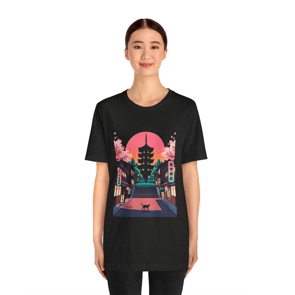 Japanese Pagoda Sunset Tee — Sakura Street Cat Graphic T-Shirt