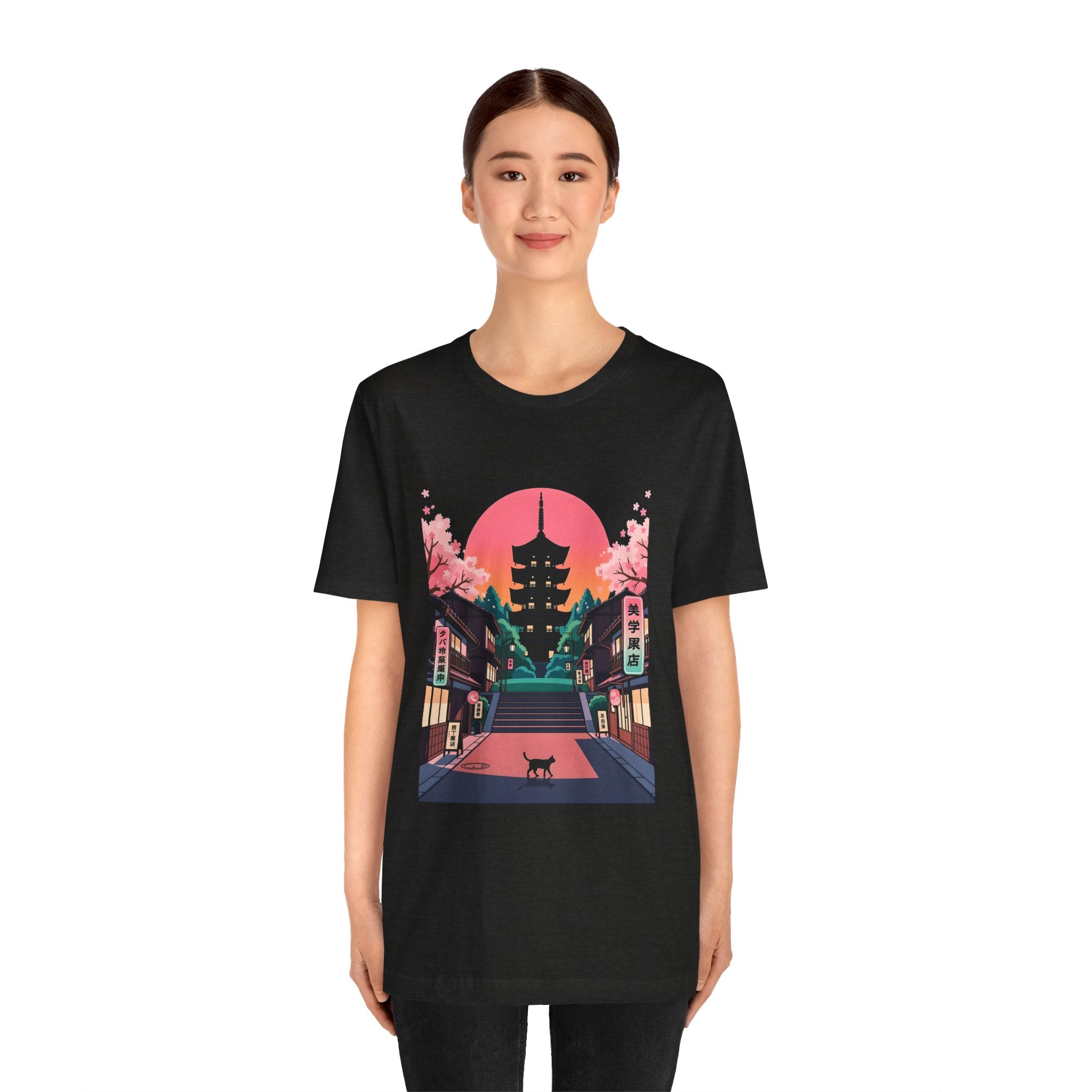 Japanese Pagoda Sunset Tee — Sakura Street Cat Graphic T-Shirt