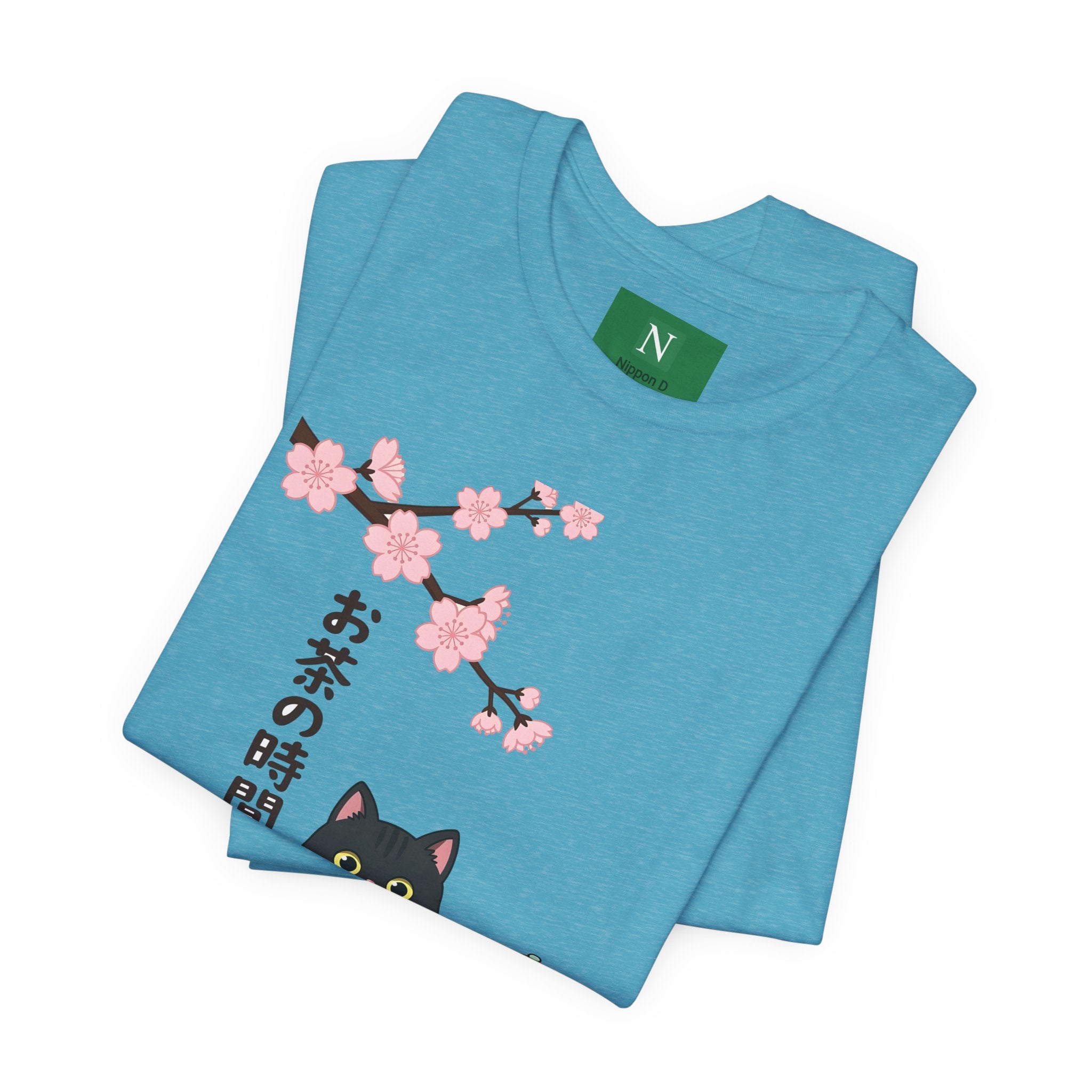 Cat Tea Time T-Shirt — Kawaii Black Cat with Sakura and Teapot