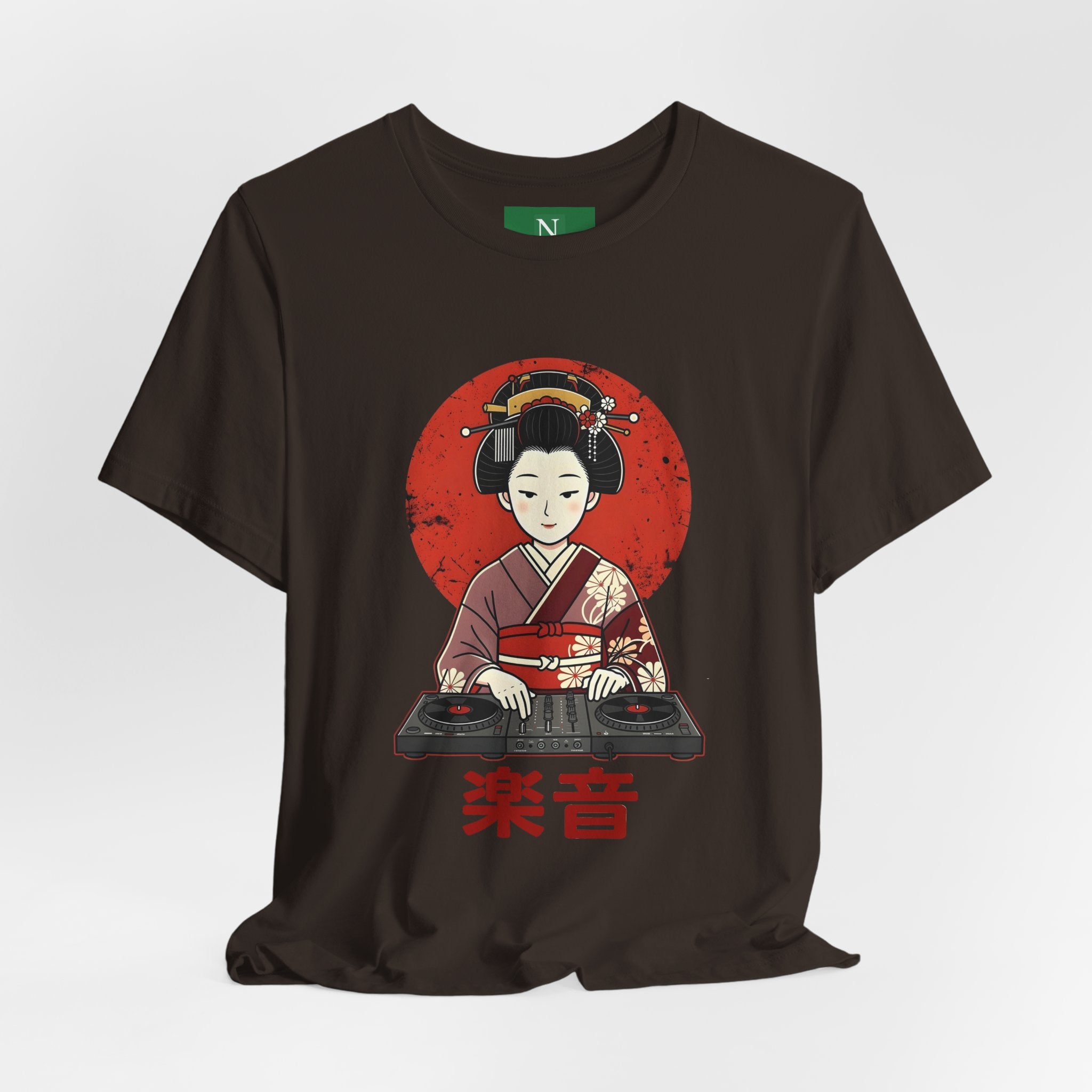Geisha DJ T-Shirt — Japanese Vinyl Turntable Tee with '楽音' (Music) Design