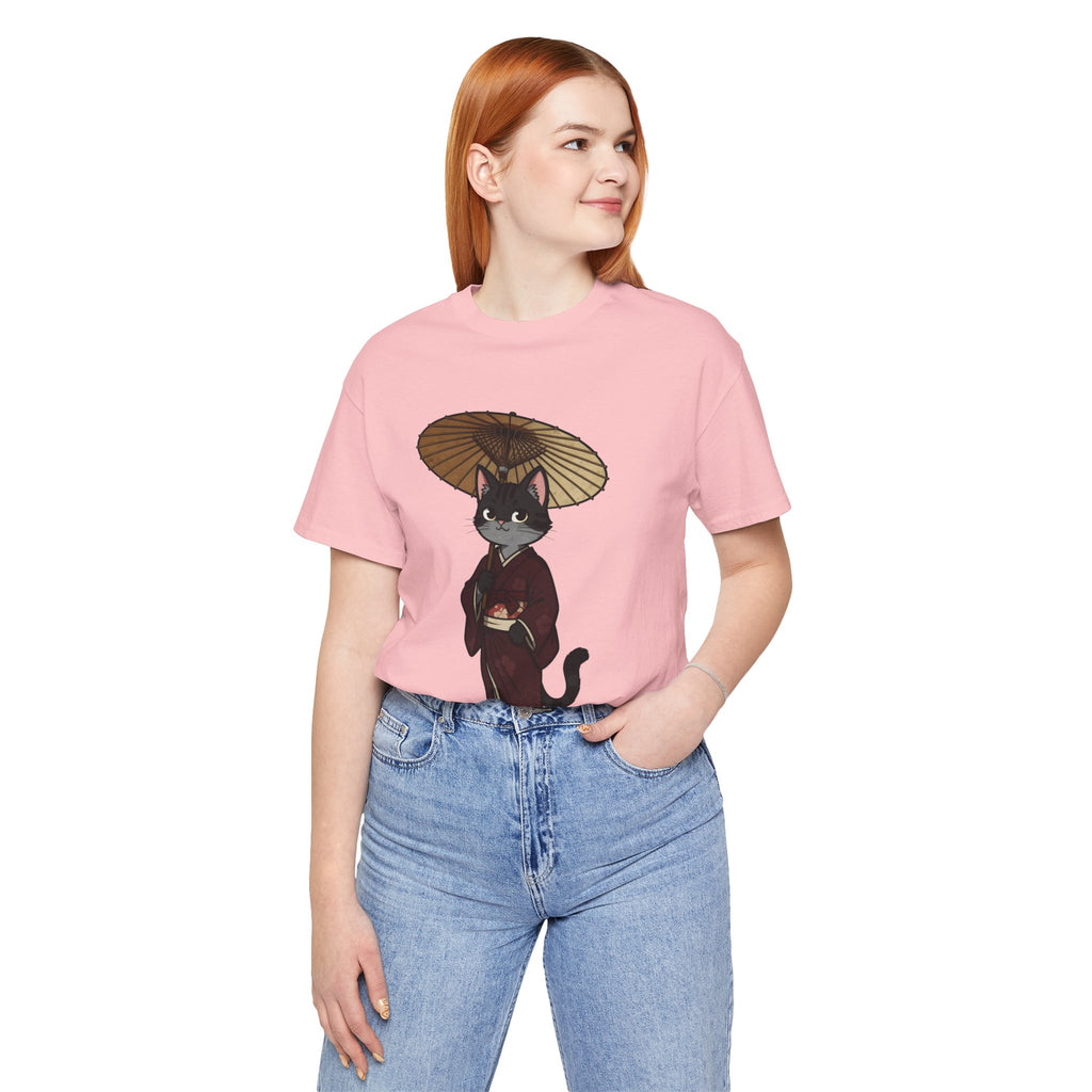 Geisha Cat Tee — Japanese Umbrella Cat Graphic T-Shirt