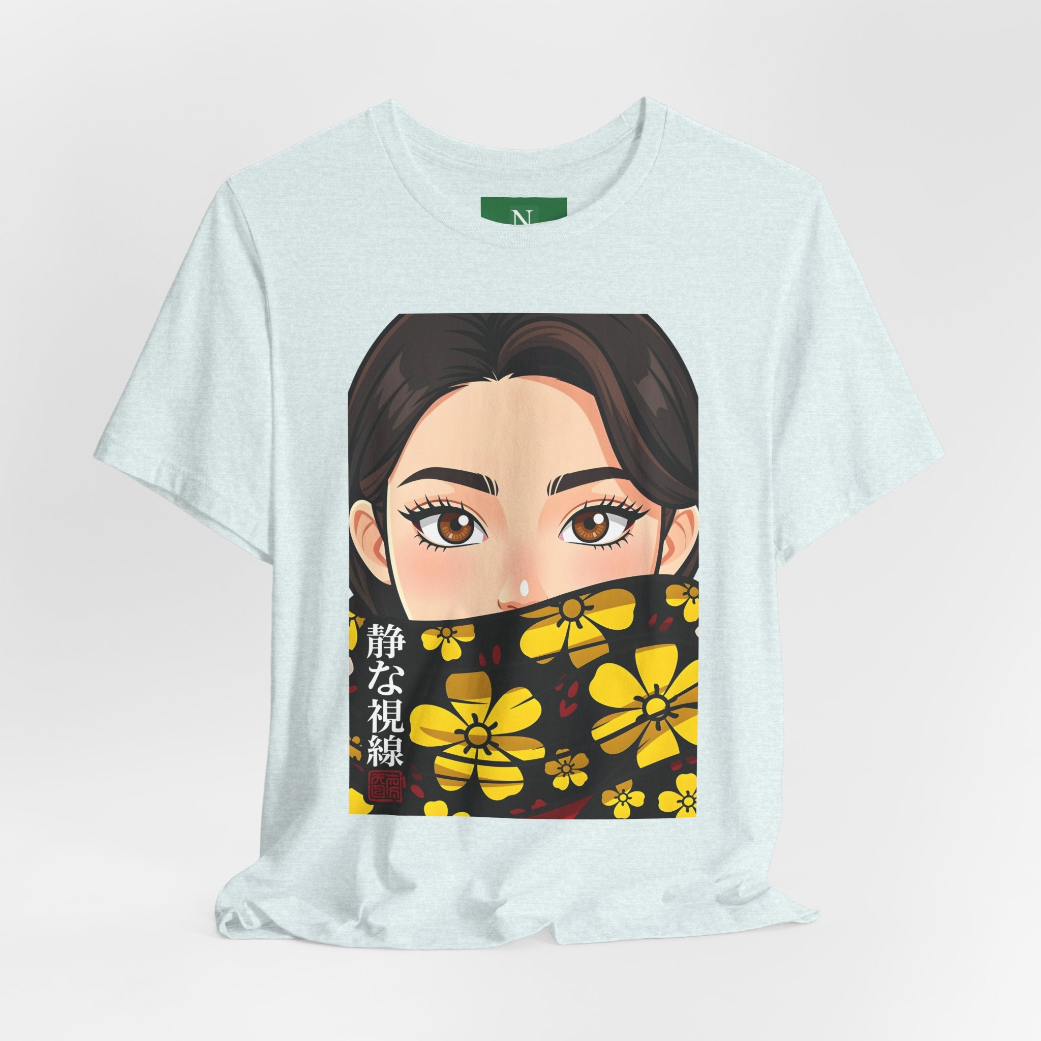 Anime Girl Floral Face Mask T‑Shirt — "静な視線" Graphic Tee