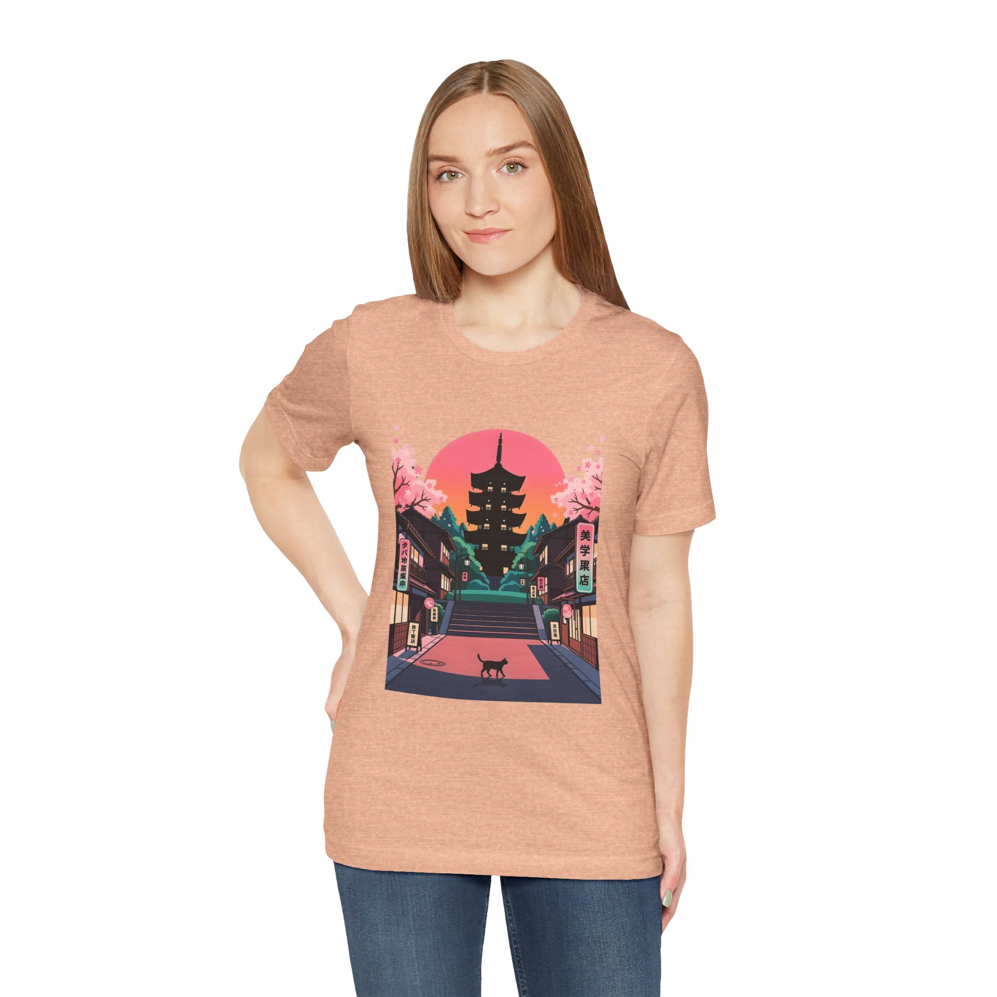 Japanese Pagoda Sunset Tee — Sakura Street Cat Graphic T-Shirt