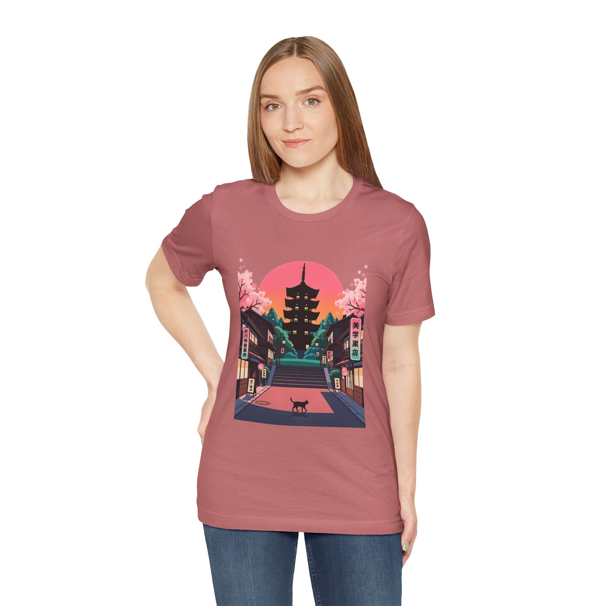 Japanese Pagoda Sunset Tee — Sakura Street Cat Graphic T-Shirt