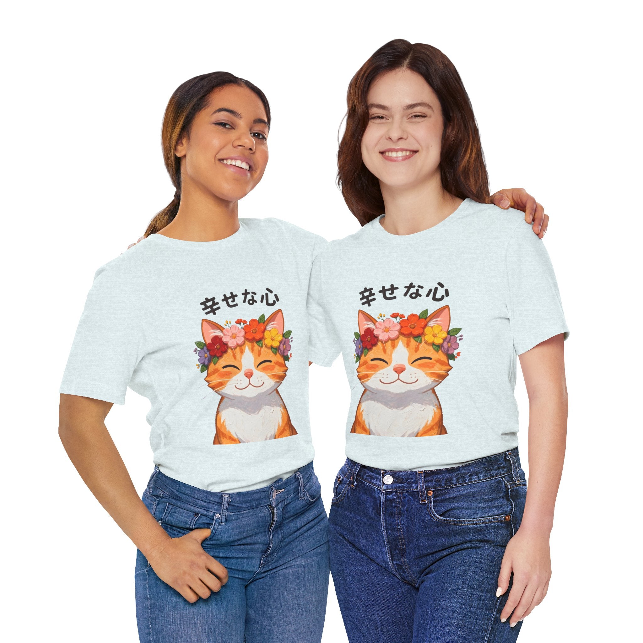 Happy Cat T-Shirt — Smiling Ginger Cat with Flower Crown (Japanese “幸せな心”)