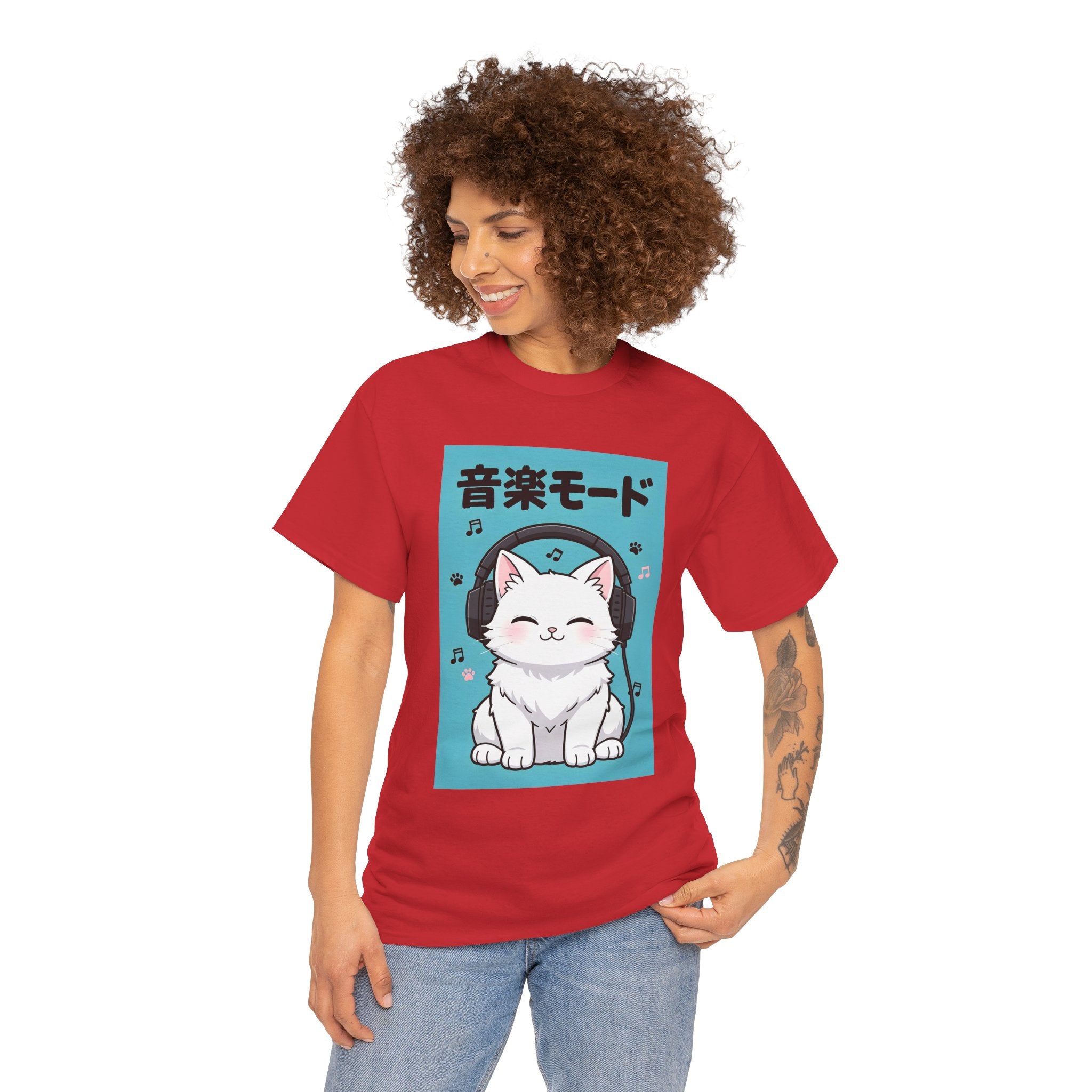 Music Mode Cat T-Shirt — Cute Headphone Kitten Tee (Japanese Text)