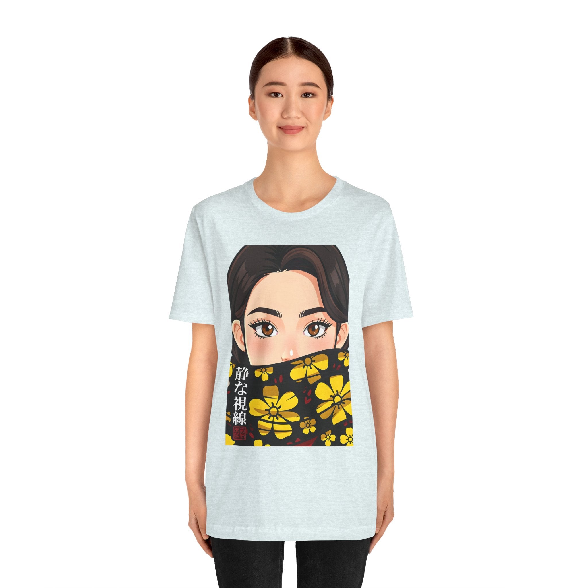 Anime Girl Floral Face Mask T‑Shirt — "静な視線" Graphic Tee