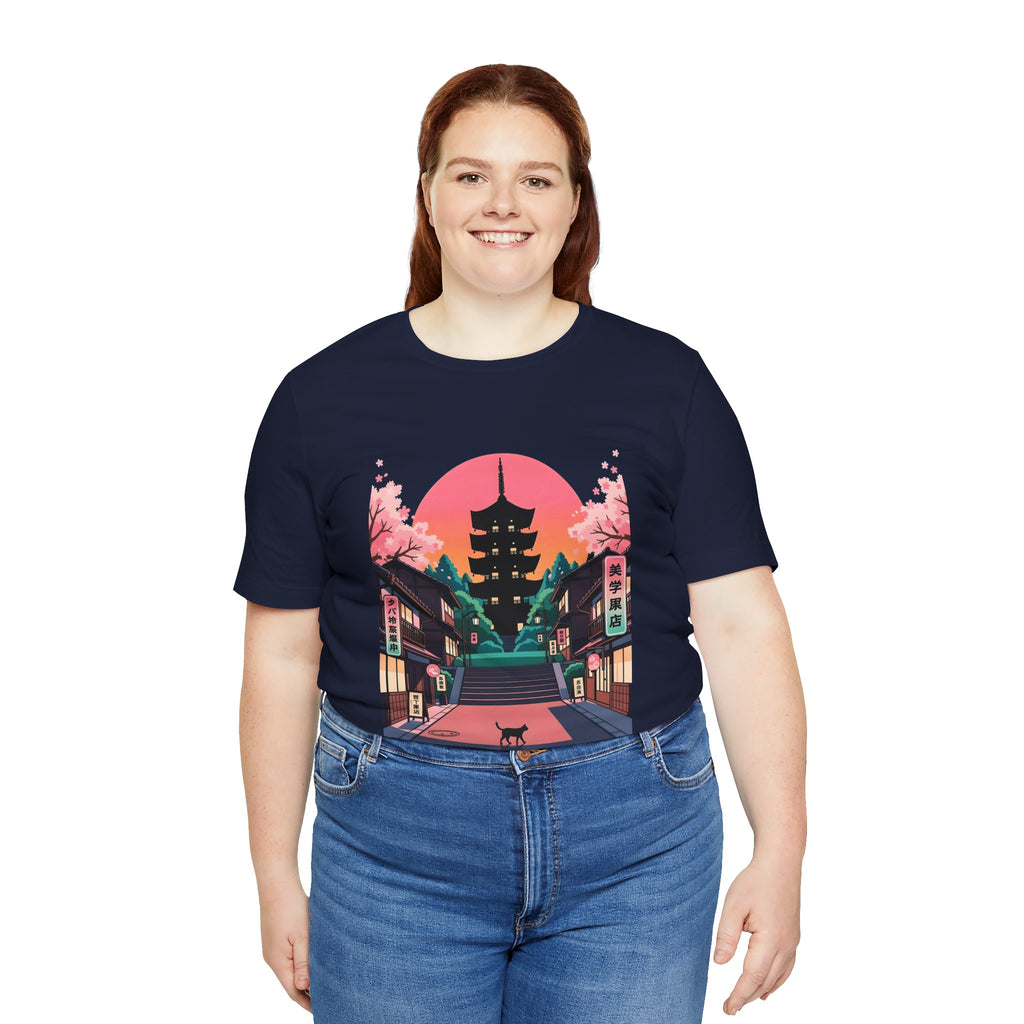 Japanese Pagoda Sunset Tee — Sakura Street Cat Graphic T-Shirt