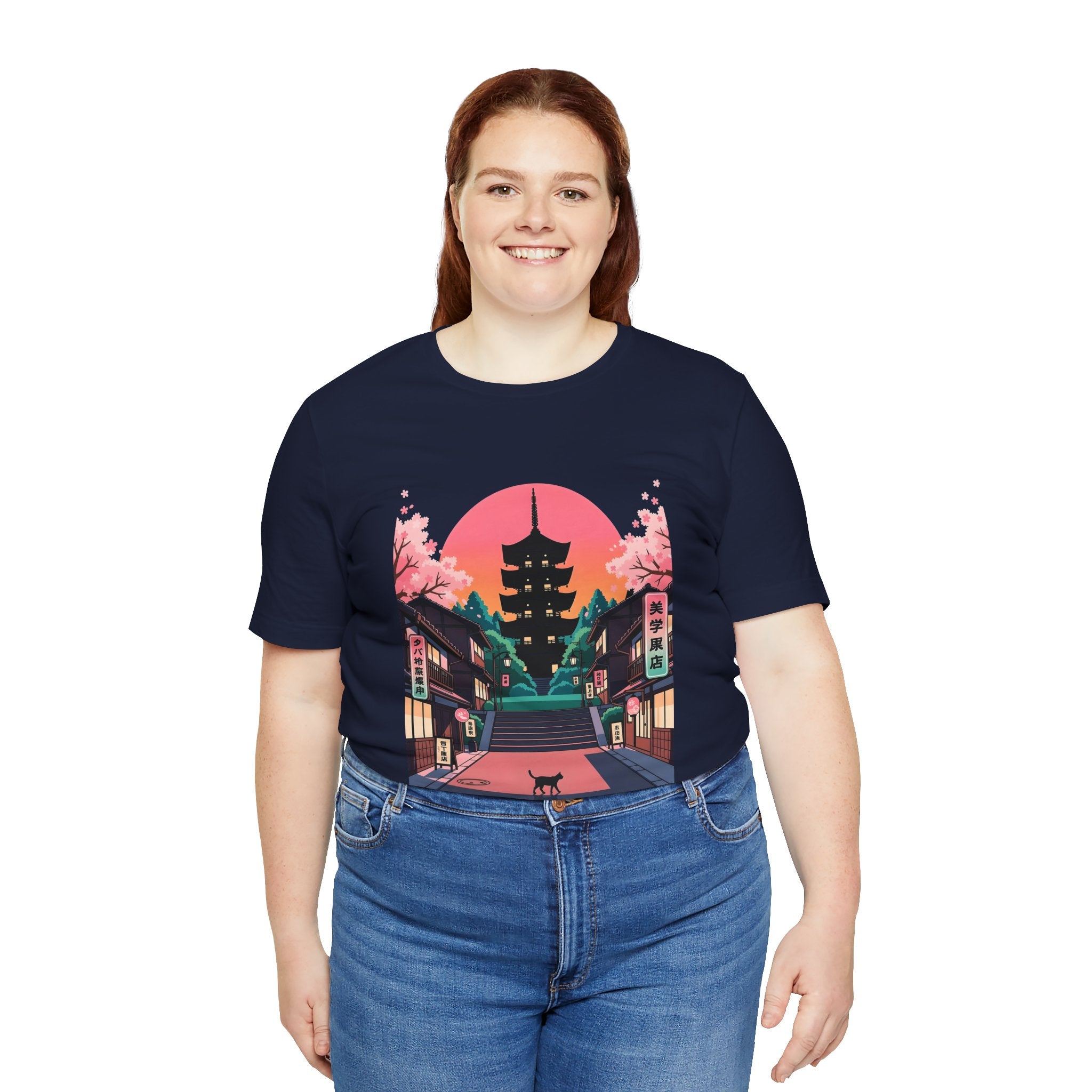Japanese Pagoda Sunset Tee — Sakura Street Cat Graphic T-Shirt