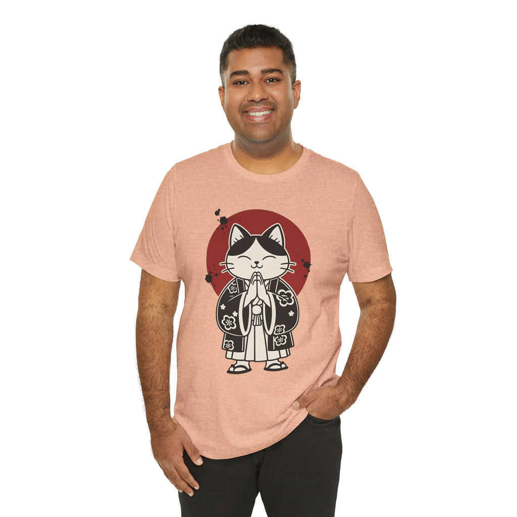 Samurai Cat T‑Shirt — Cute Praying Cat with Red Sun Graphic