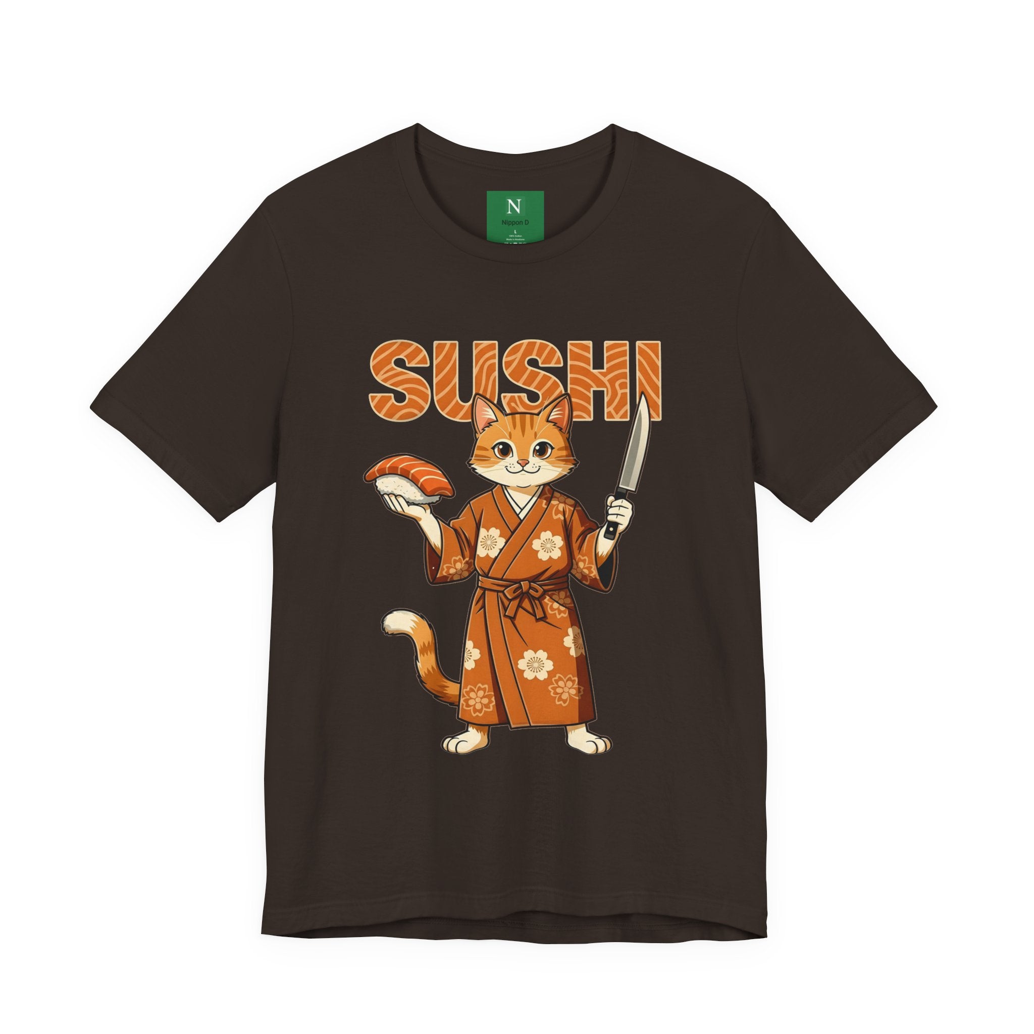Sushi Cat Graphic Tee — Cute Samurai Cat Holding Sushi & Knife