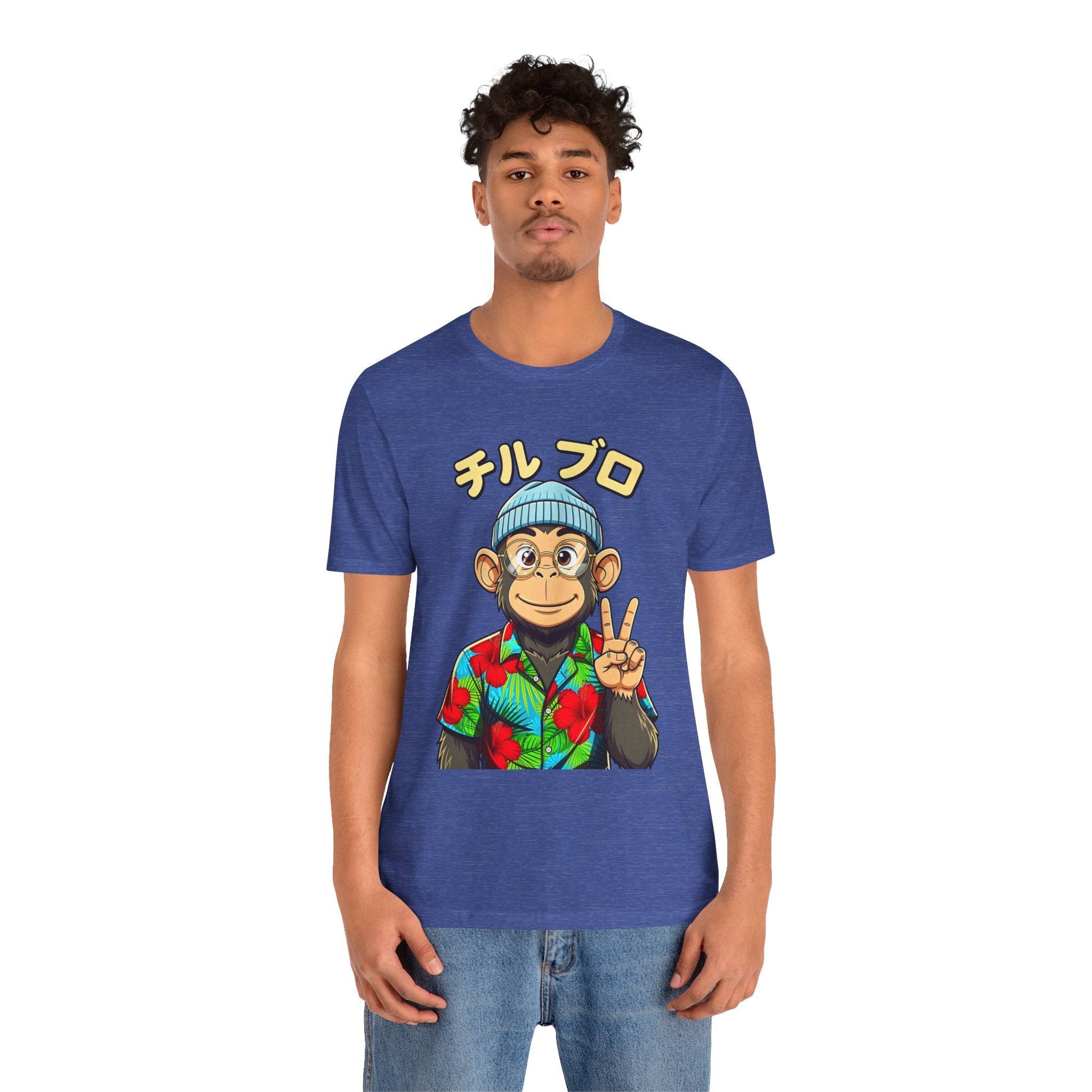 Monkey Peace Sign Tee — Hawaiian Shirt Chimp Graphic with Japanese Text