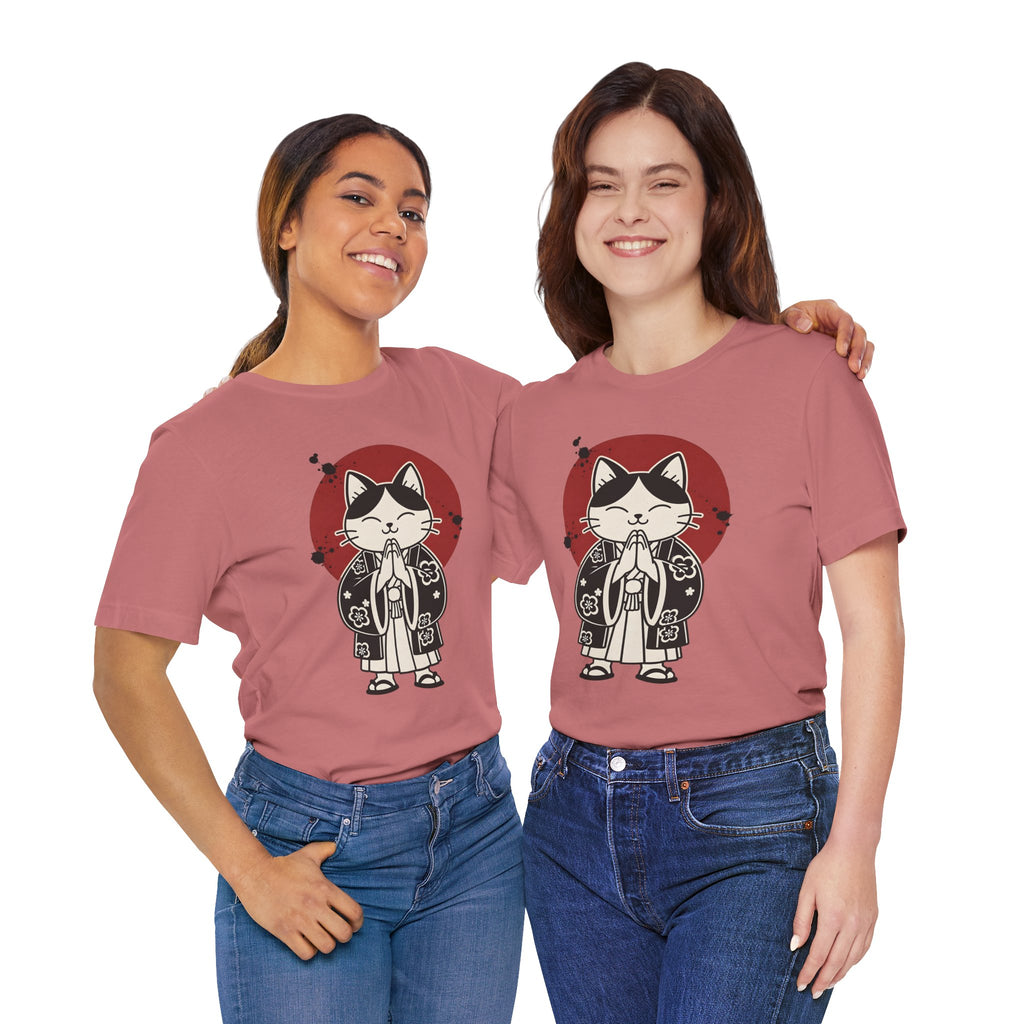 Samurai Cat T‑Shirt — Cute Praying Cat with Red Sun Graphic
