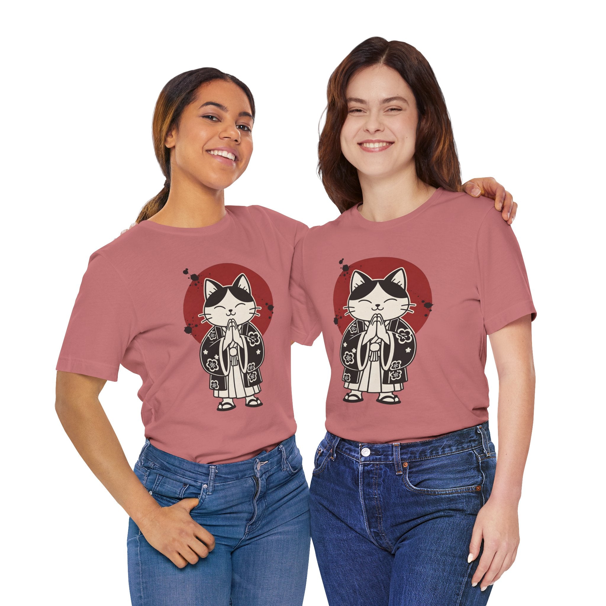 Samurai Cat T‑Shirt — Cute Praying Cat with Red Sun Graphic