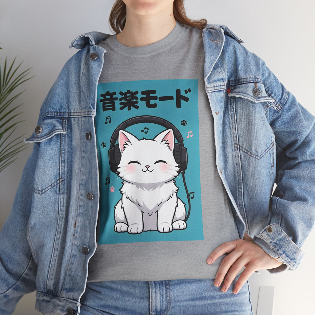 Music Mode Cat T-Shirt — Cute Headphone Kitten Tee (Japanese Text)