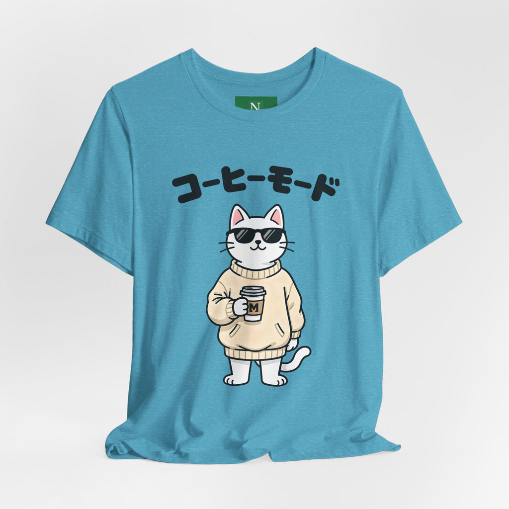 Coffee Mode Cat Tee — Cute Japanese Cat Holding Coffee T-Shirt