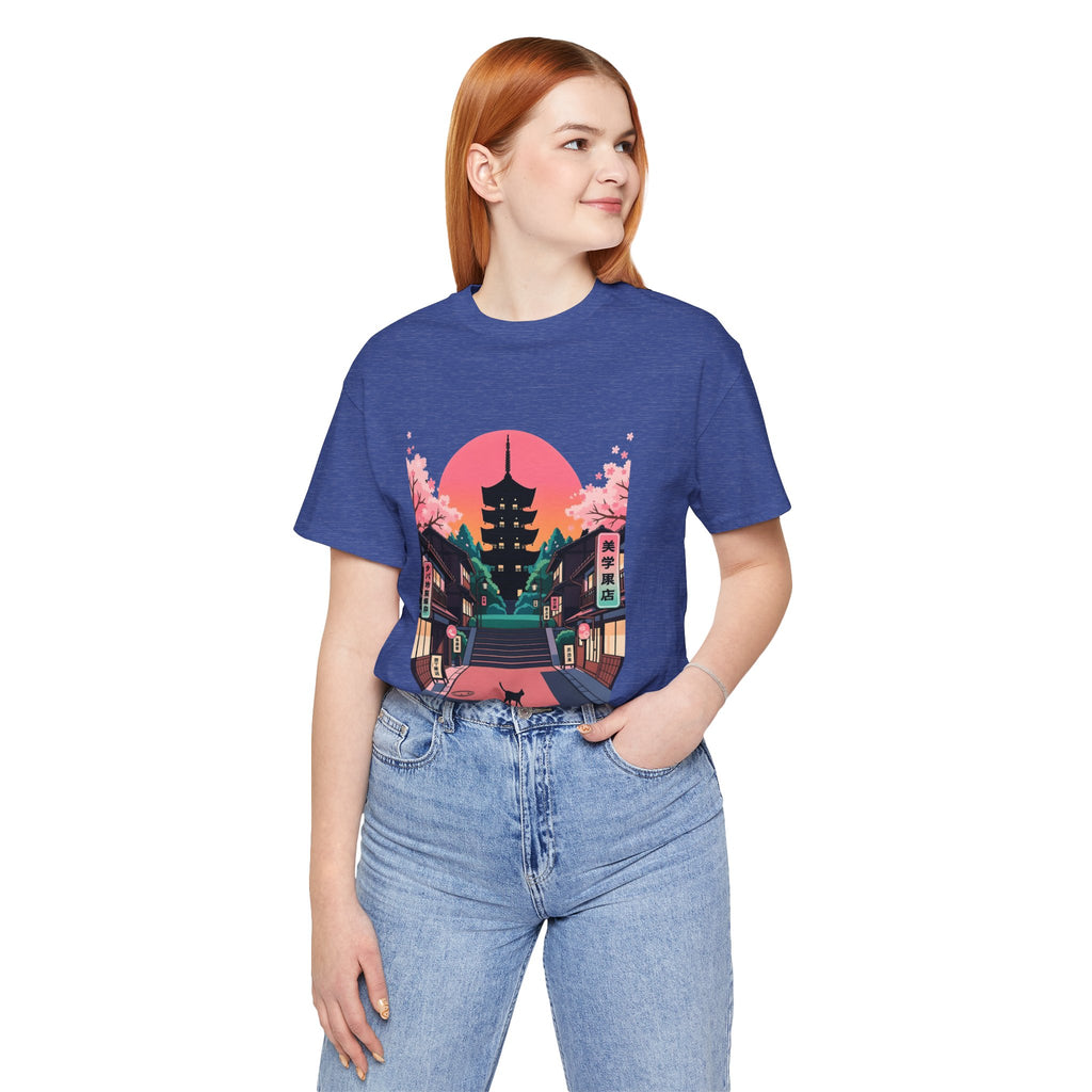 Japanese Pagoda Sunset Tee — Sakura Street Cat Graphic T-Shirt