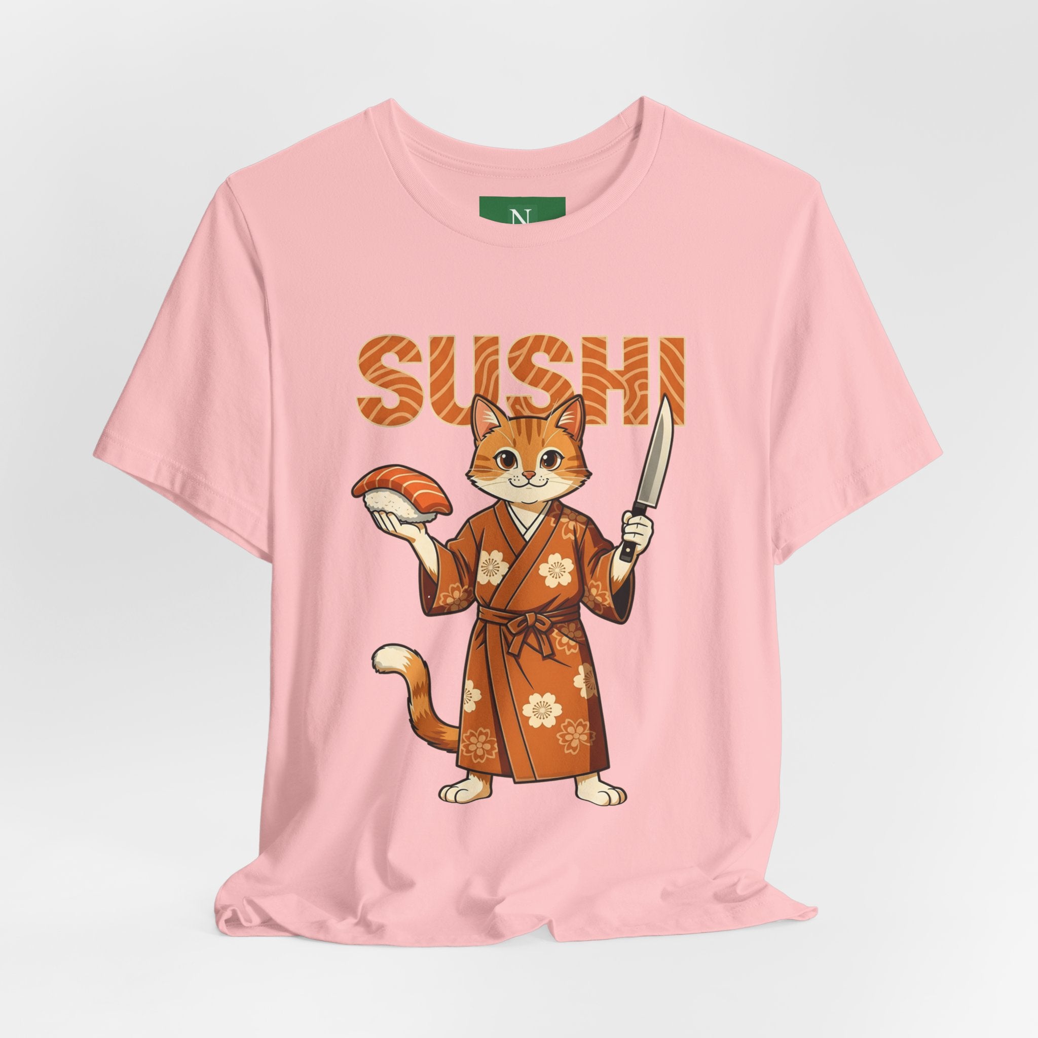 Sushi Cat Graphic Tee — Cute Samurai Cat Holding Sushi & Knife