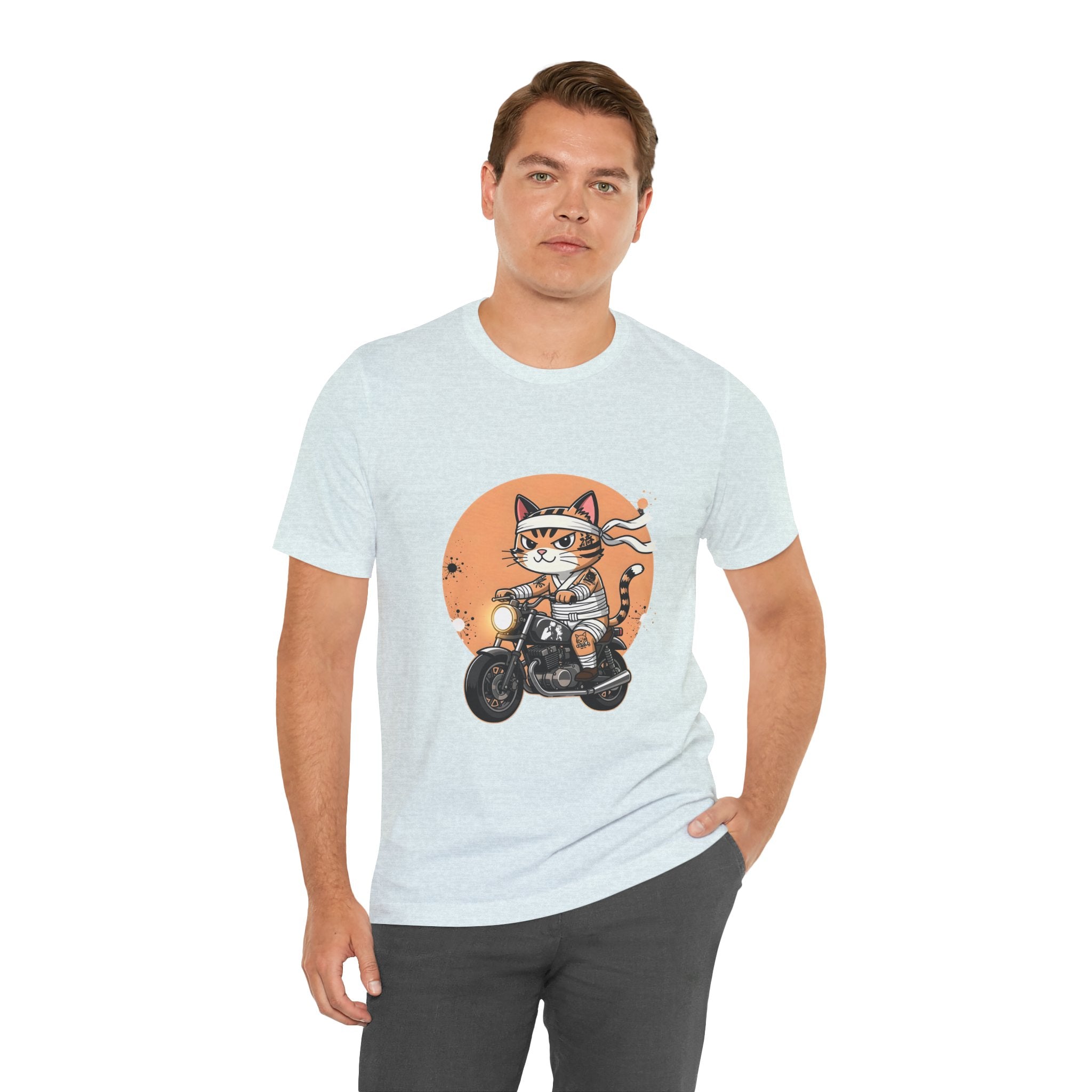 Retro Biker Cat T‑Shirt — Cute Motorcycle Cat Graphic Tee