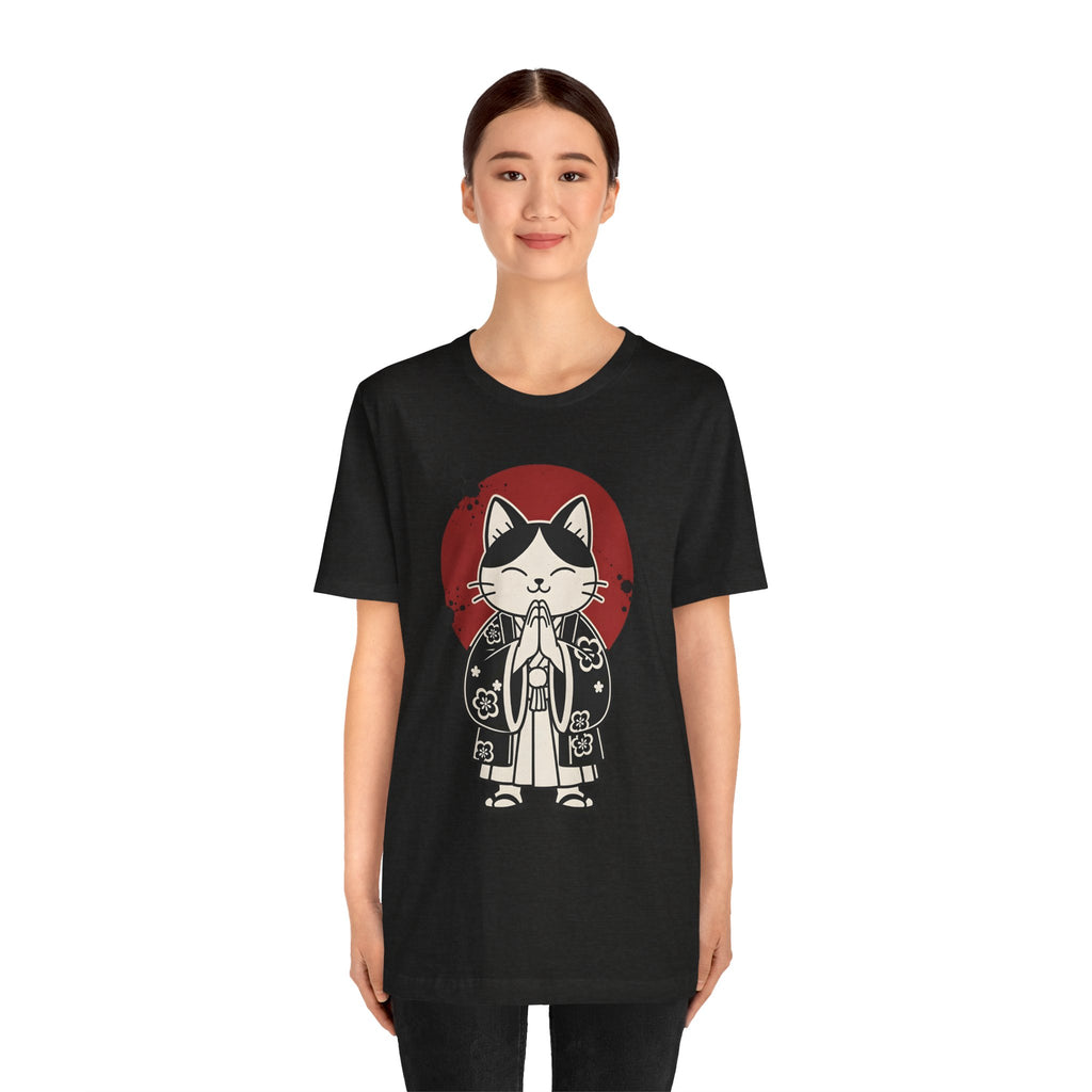 Samurai Cat T‑Shirt — Cute Praying Cat with Red Sun Graphic