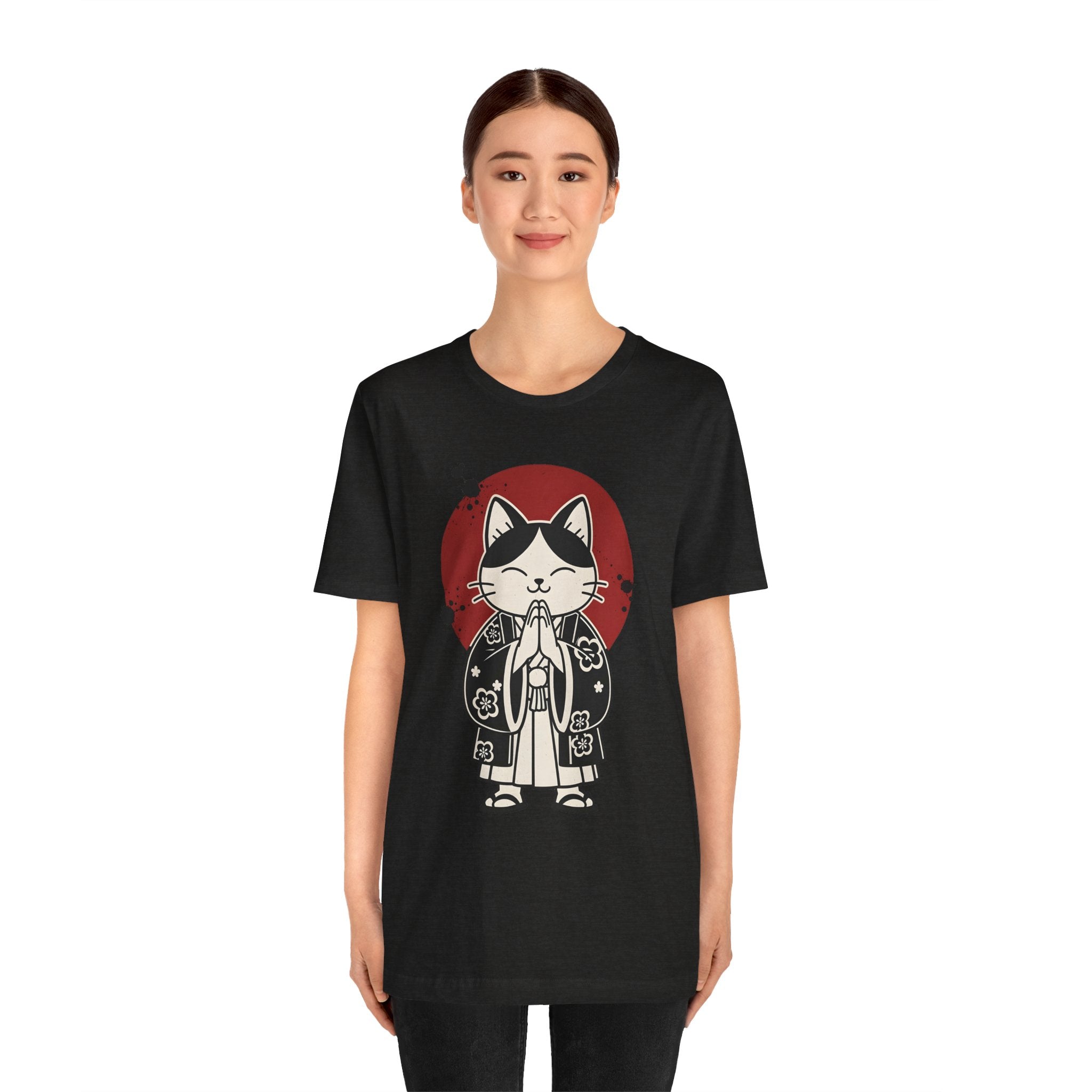 Samurai Cat T‑Shirt — Cute Praying Cat with Red Sun Graphic