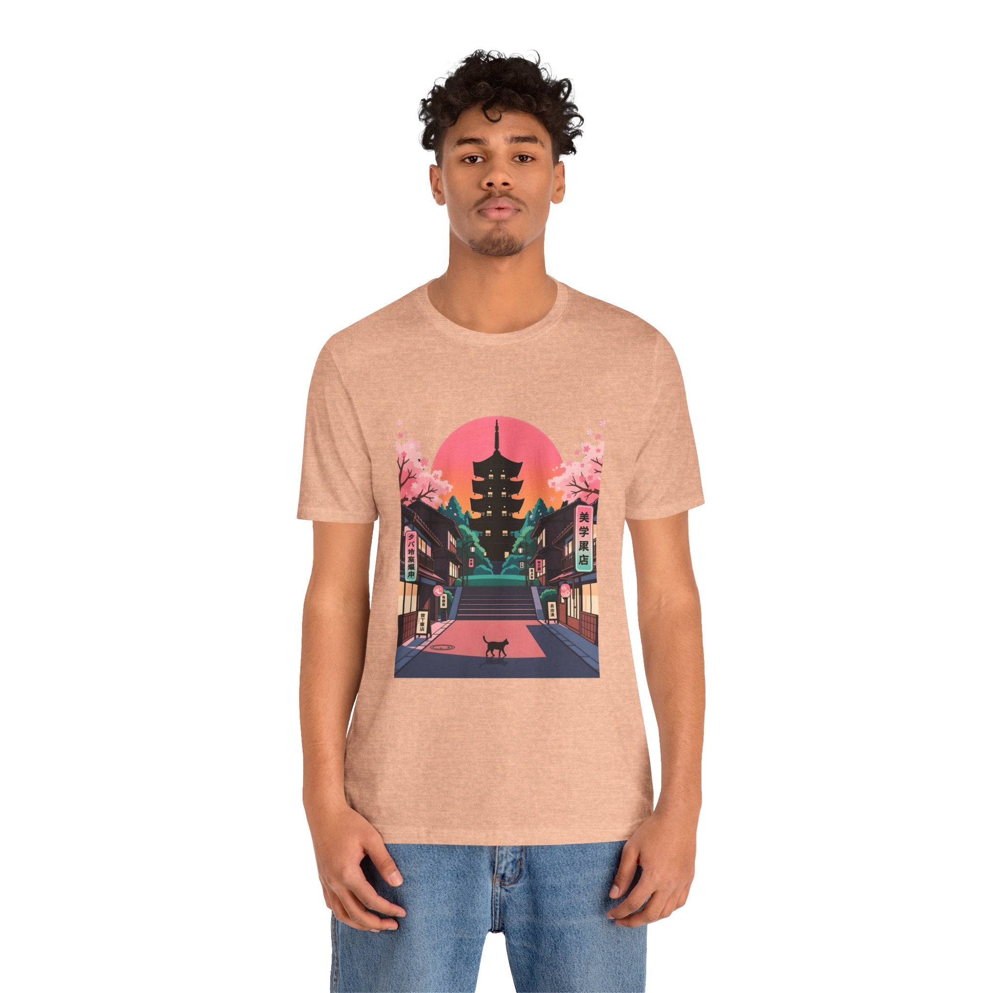 Japanese Pagoda Sunset Tee — Sakura Street Cat Graphic T-Shirt