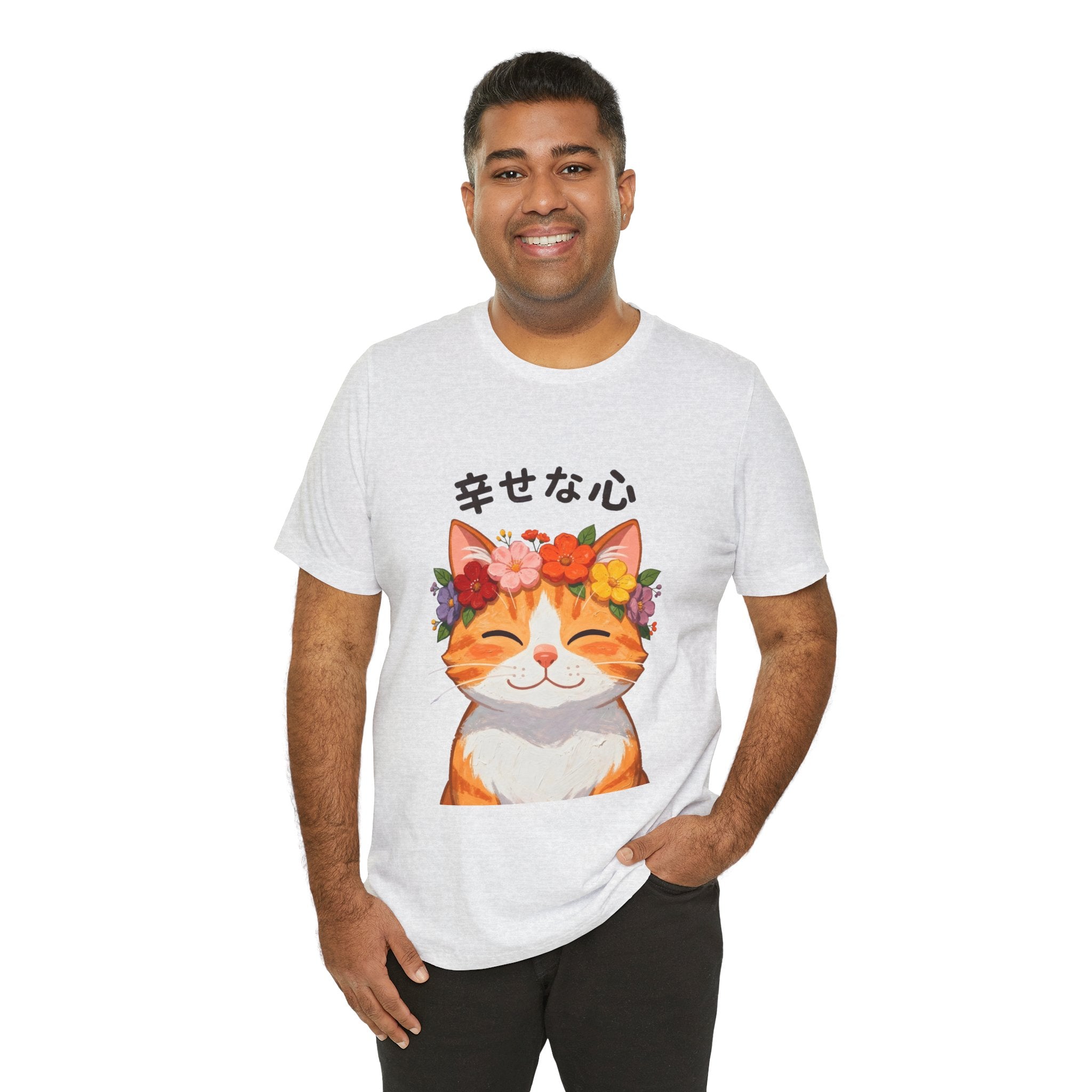 Happy Cat T-Shirt — Smiling Ginger Cat with Flower Crown (Japanese “幸せな心”)