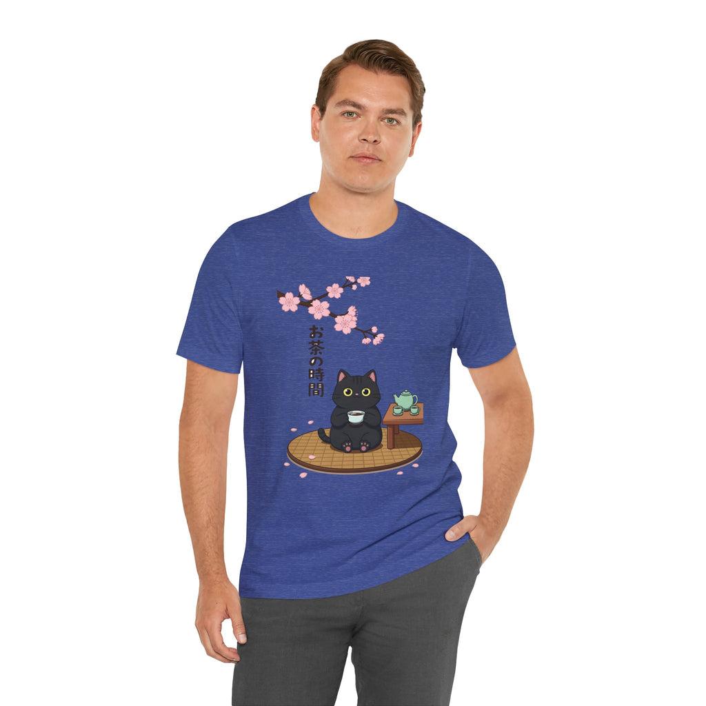 Cat Tea Time T-Shirt — Kawaii Black Cat with Sakura and Teapot