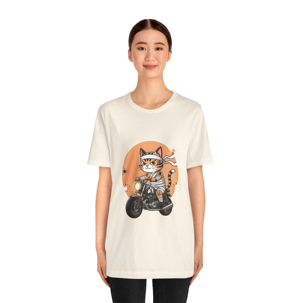 Retro Biker Cat T‑Shirt — Cute Motorcycle Cat Graphic Tee
