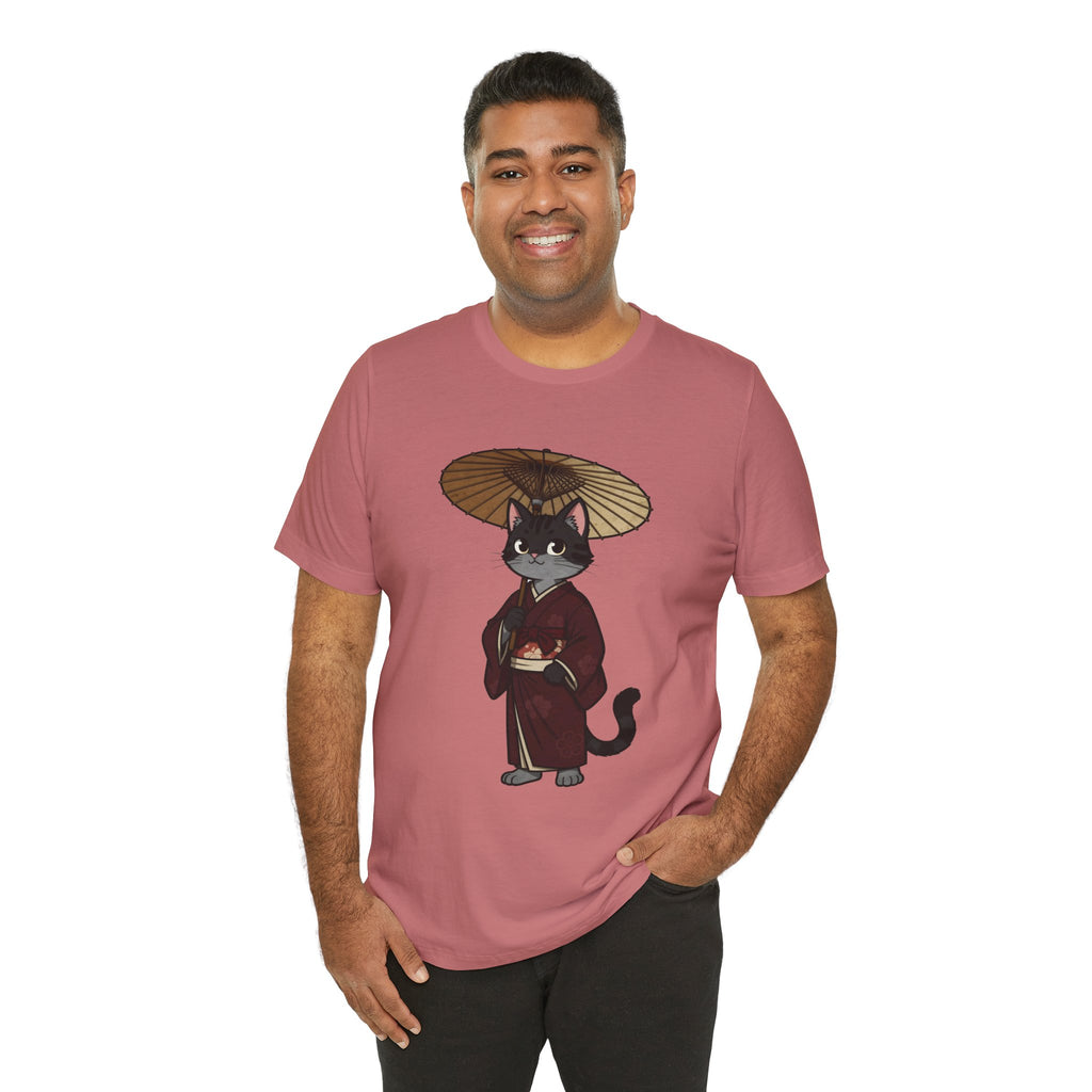 Geisha Cat Tee — Japanese Umbrella Cat Graphic T-Shirt