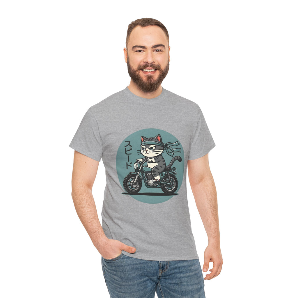 Cat Biker T‑Shirt — Retro Motorcycle Cat with Japanese “Speed” Text