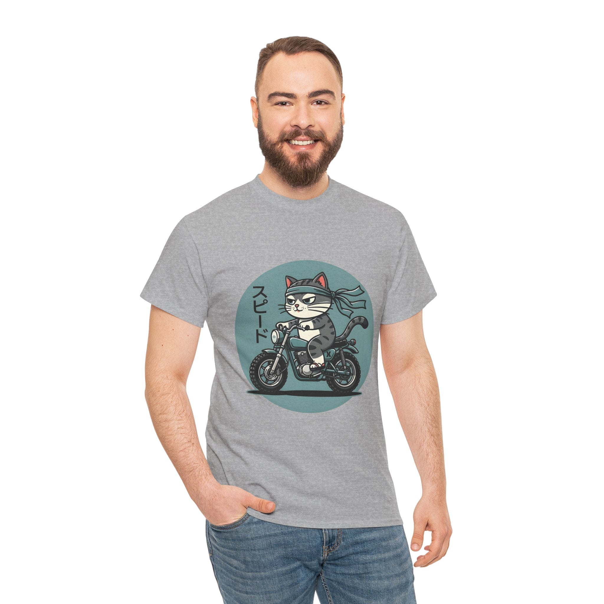 Cat Biker T‑Shirt — Retro Motorcycle Cat with Japanese “Speed” Text