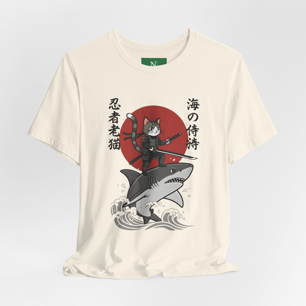 Ninja Cat Riding Shark T‑Shirt — Japanese Samurai Style Graphic Tee