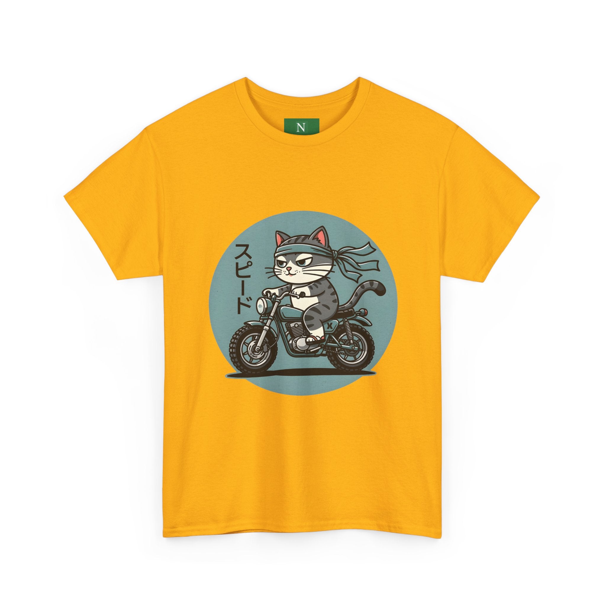 Cat Biker T‑Shirt — Retro Motorcycle Cat with Japanese “Speed” Text