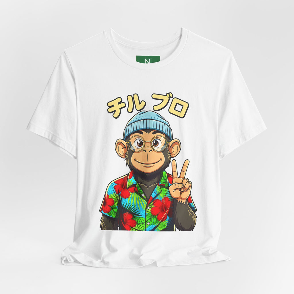 Monkey Peace Sign Tee — Hawaiian Shirt Chimp Graphic with Japanese Text