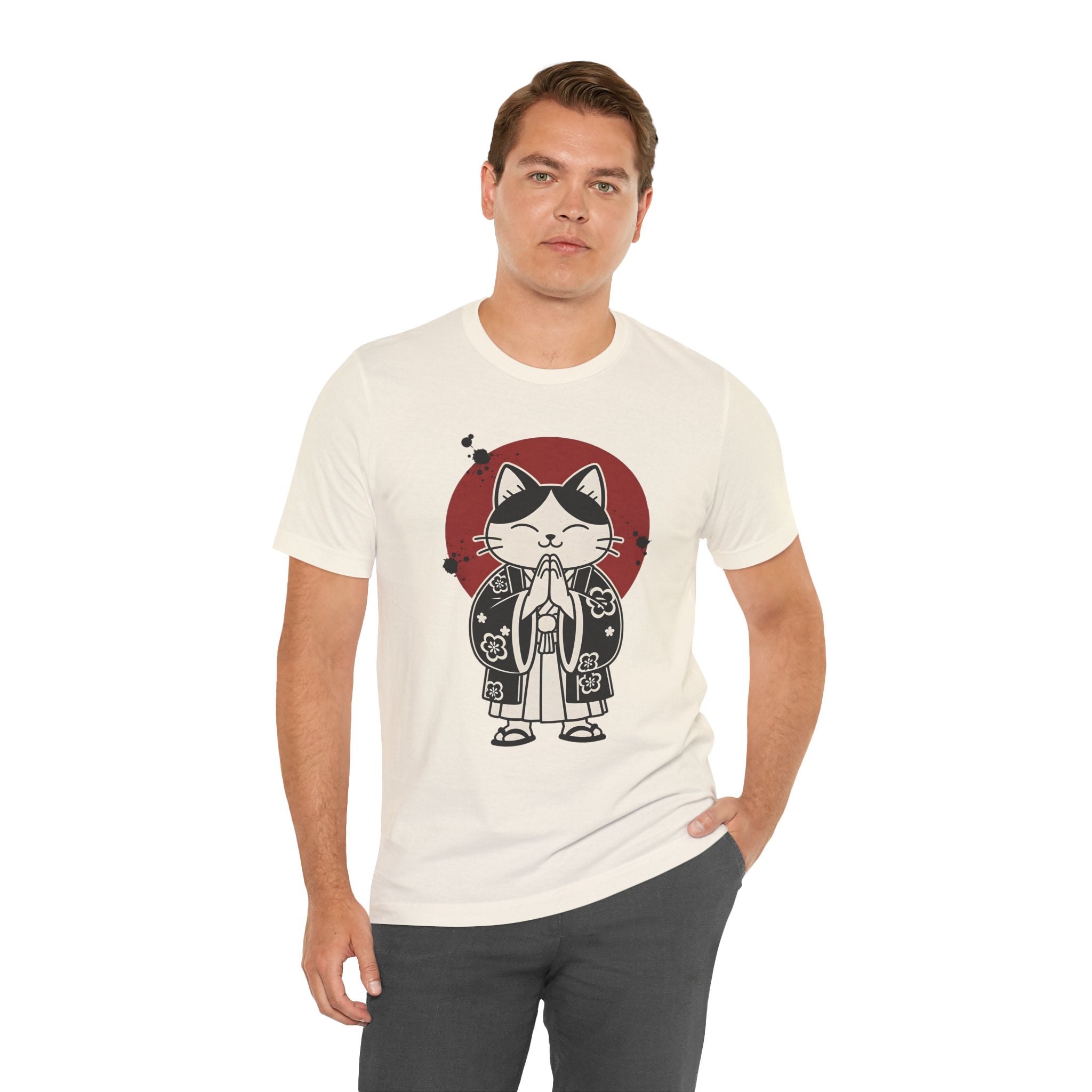 Samurai Cat T‑Shirt — Cute Praying Cat with Red Sun Graphic