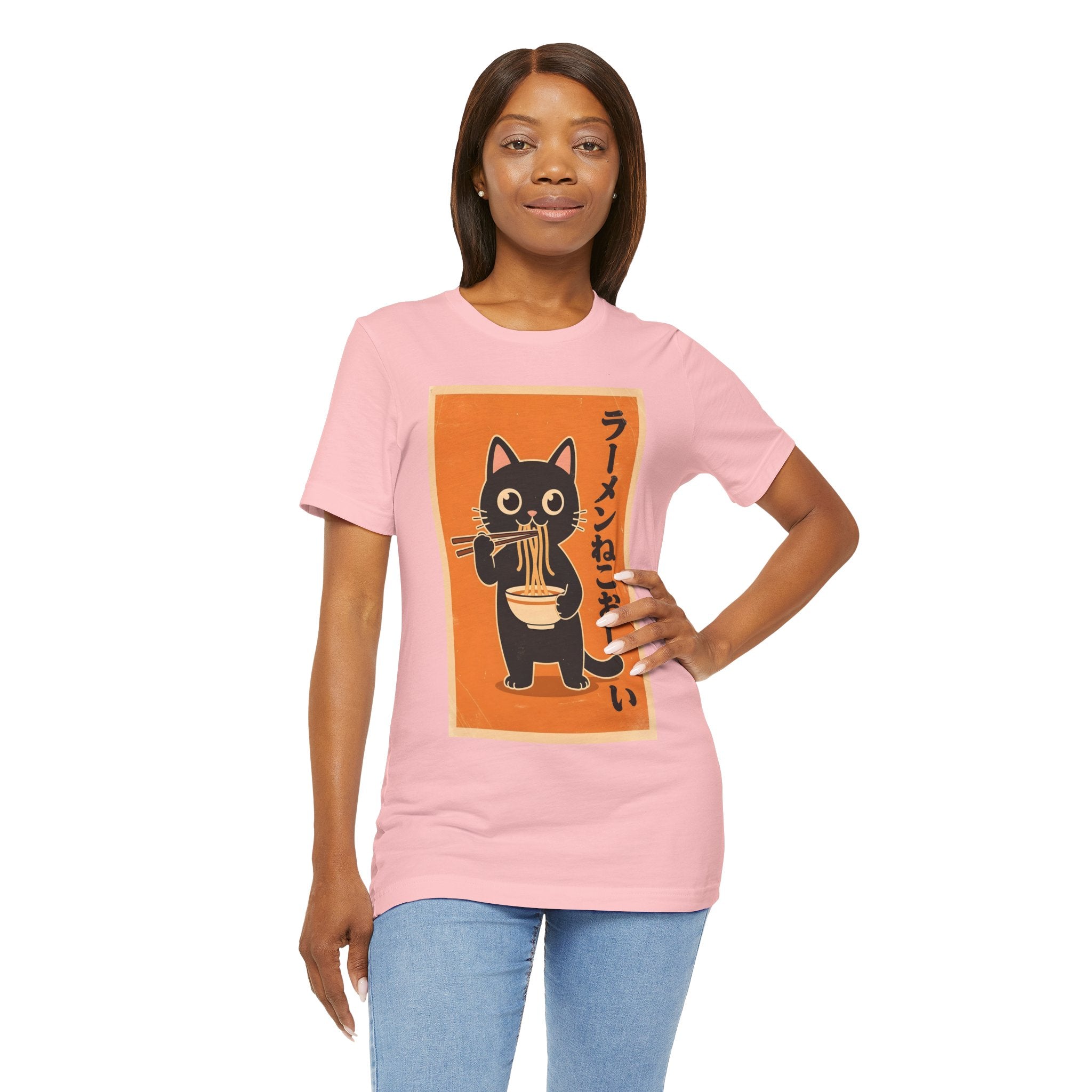 Ramen Cat Graphic Tee — Cute Black Cat Eating Ramen Japanese Text Shirt