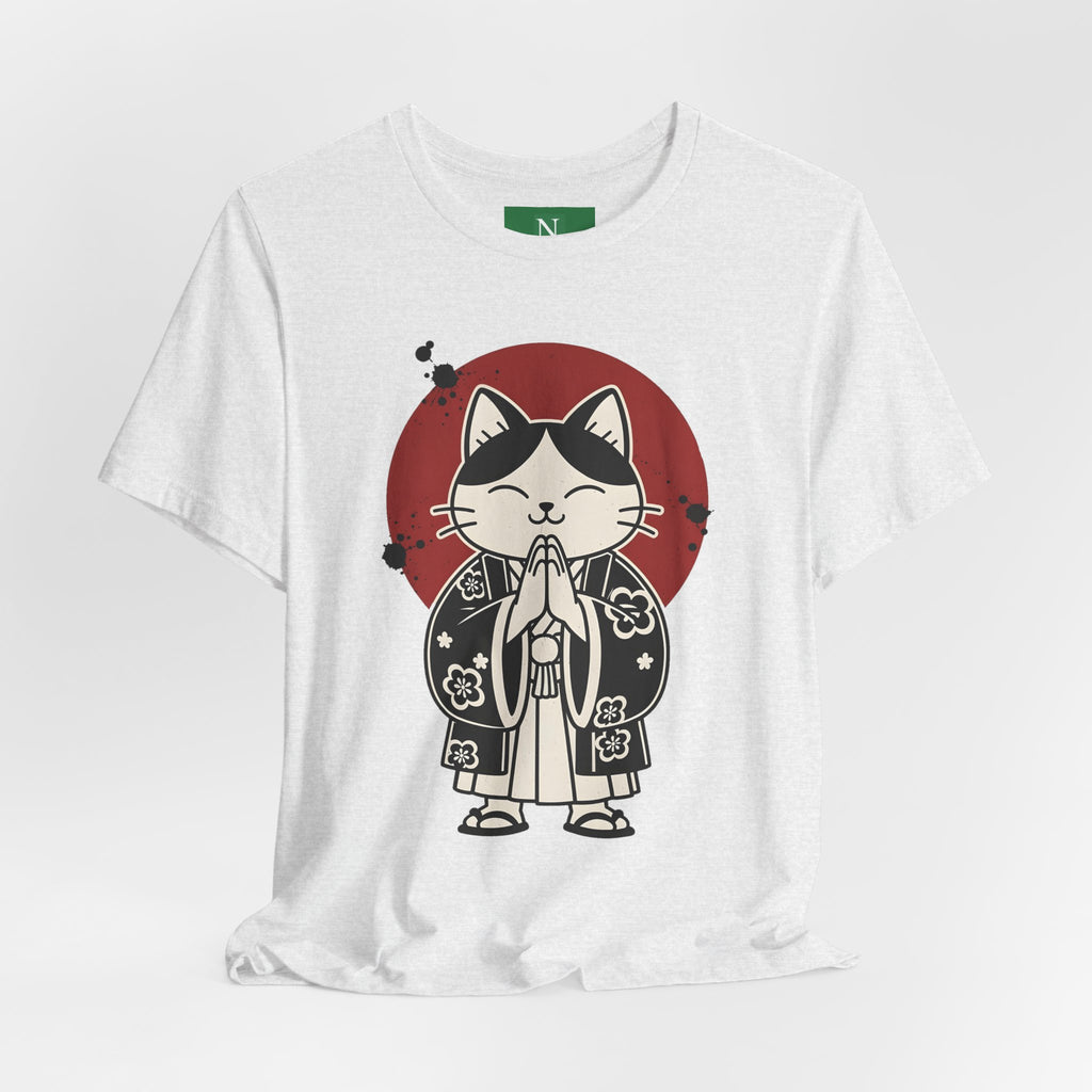 Samurai Cat T‑Shirt — Cute Praying Cat with Red Sun Graphic
