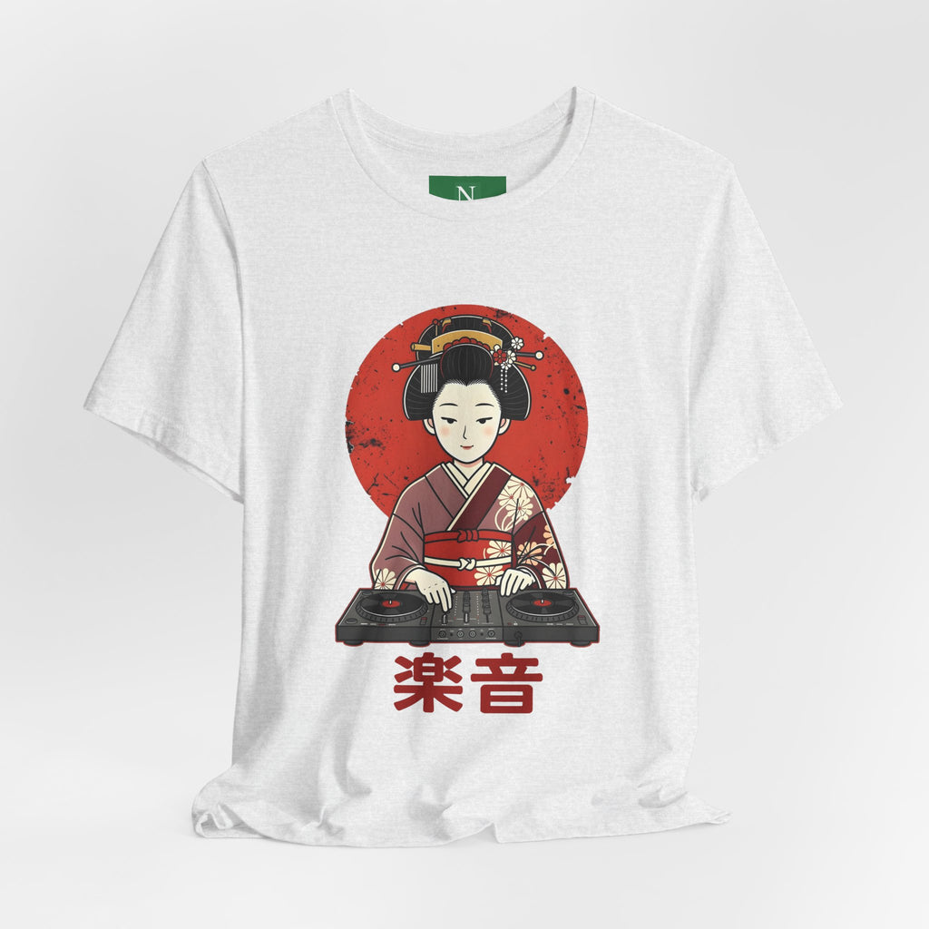 Geisha DJ T-Shirt — Japanese Vinyl Turntable Tee with '楽音' (Music) Design