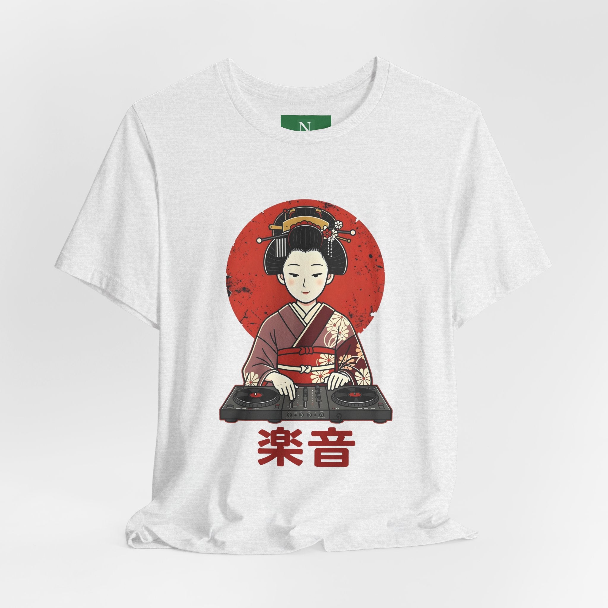 Geisha DJ T-Shirt — Japanese Vinyl Turntable Tee with '楽音' (Music) Design