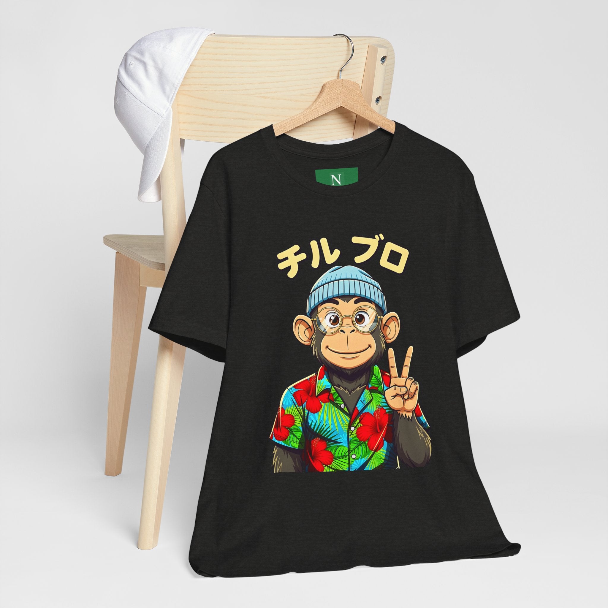 Monkey Peace Sign Tee — Hawaiian Shirt Chimp Graphic with Japanese Text
