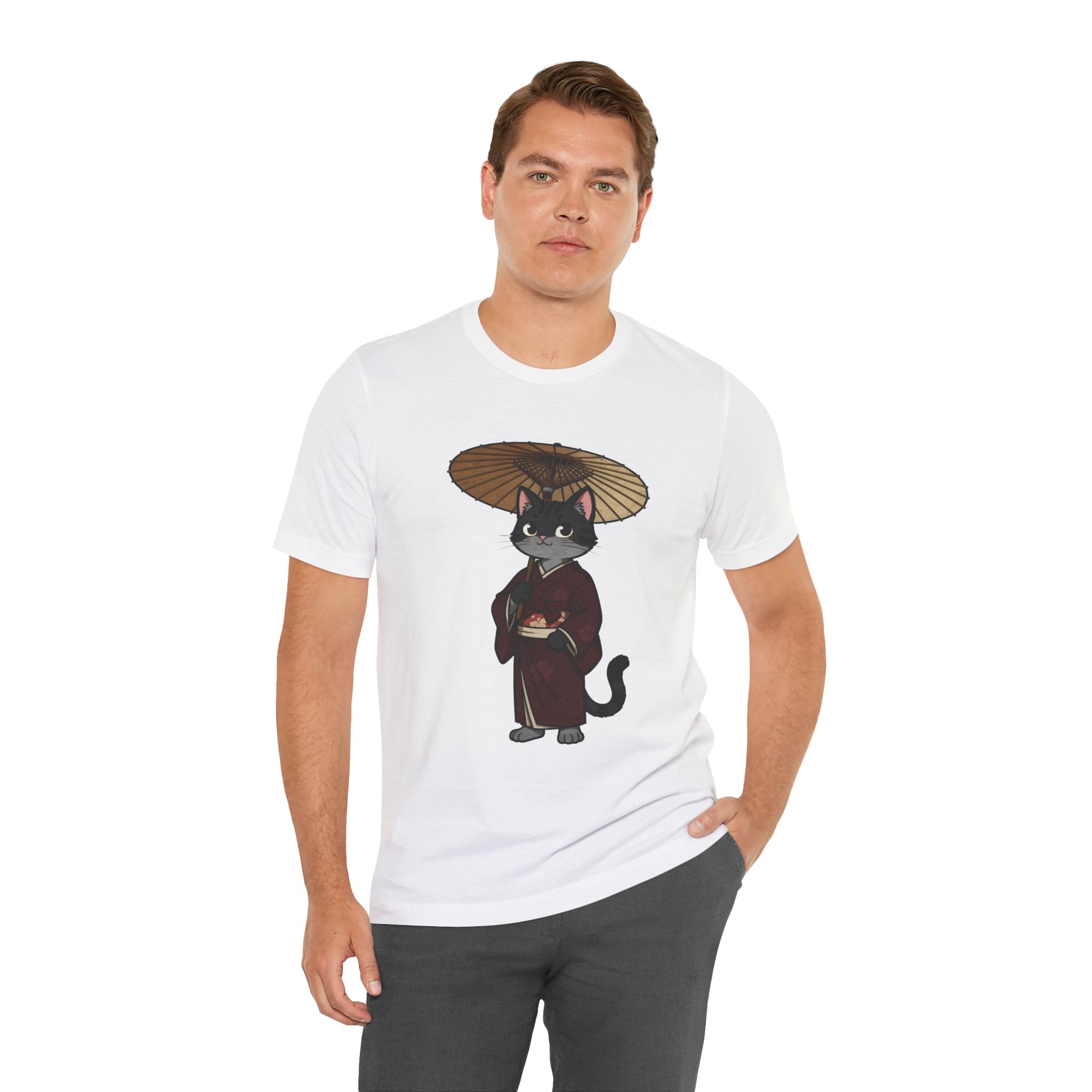 Geisha Cat Tee — Japanese Umbrella Cat Graphic T-Shirt